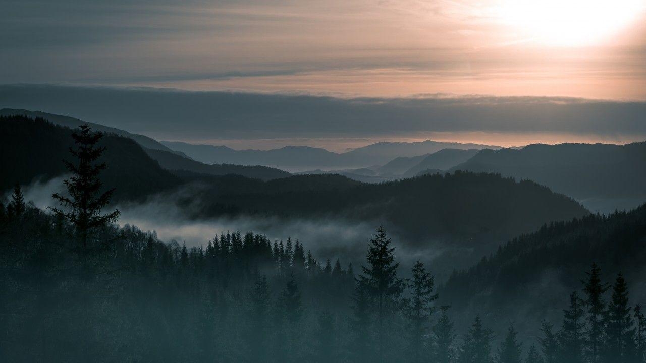 1280x720 Wallpaper Mountains, Norway, Fog, Forest, 4K, Nature, Desktop