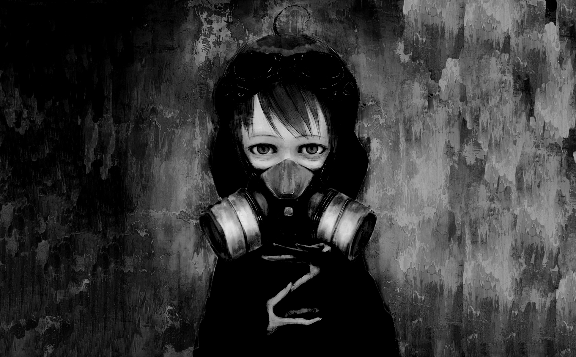 1940x1200 #illustration, #anime girls, #black, #children, #gas masks, Desktop