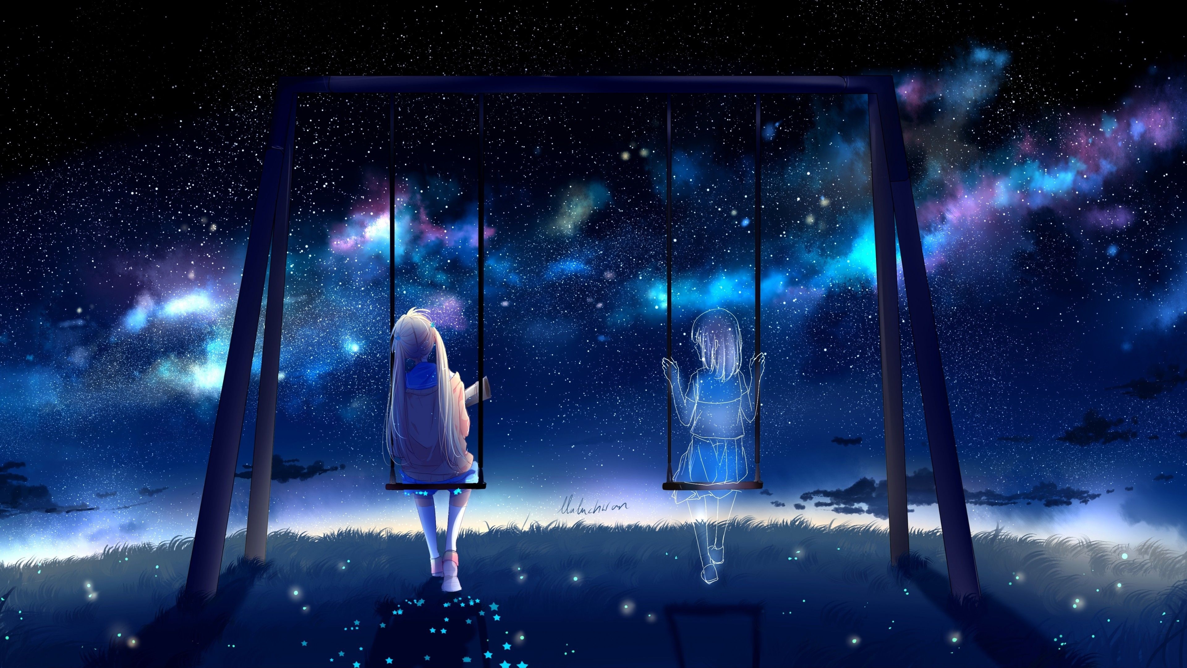 3840x2160 Download  Anime Girls, Swing, Friends, Stars, Lonely, Sky, Desktop