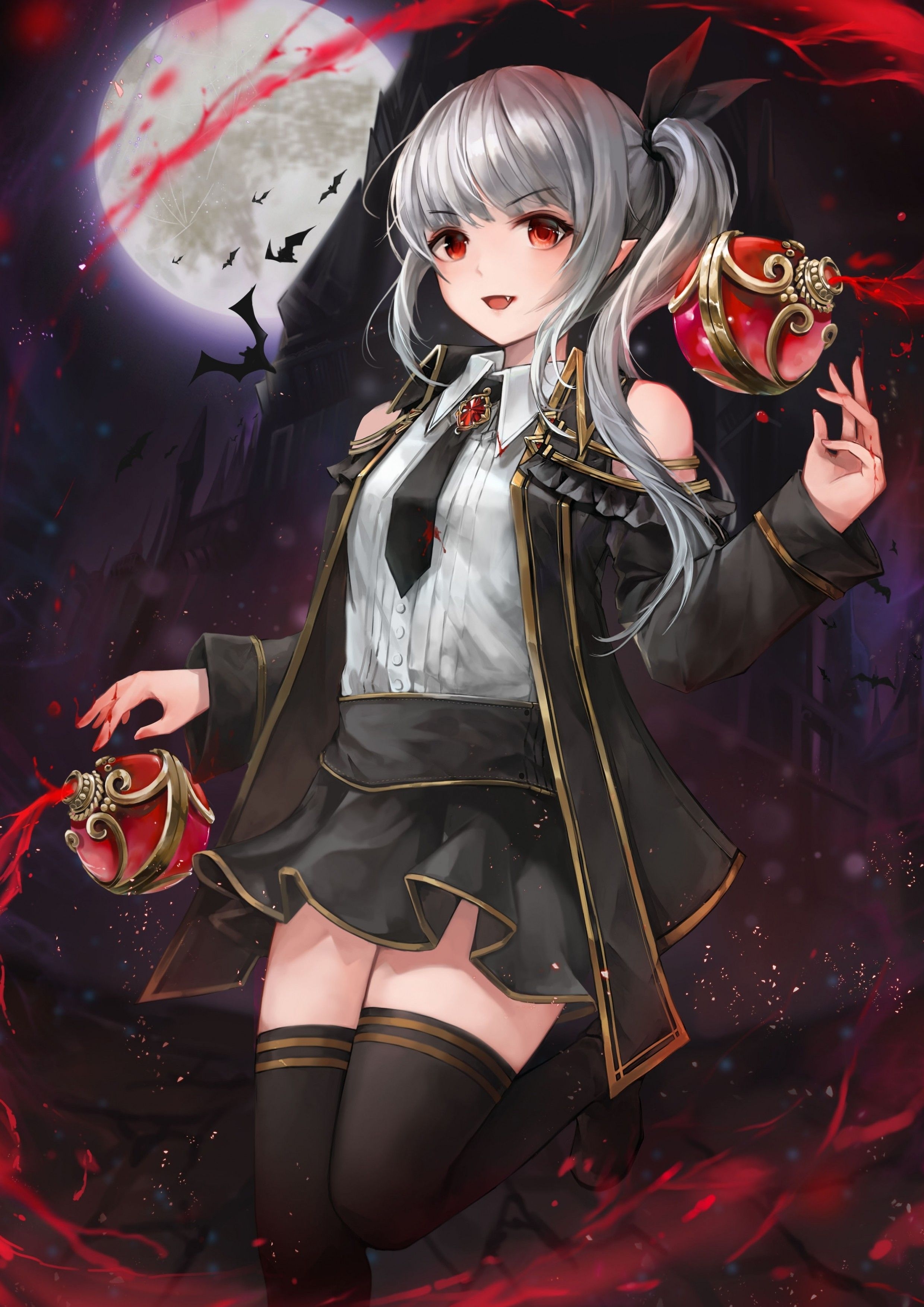 2480x3510 Download  Anime Vampire Girl, Fang, Red Eyes, Gray Hair, Moon, Bats, Night Wallpaper, Phone