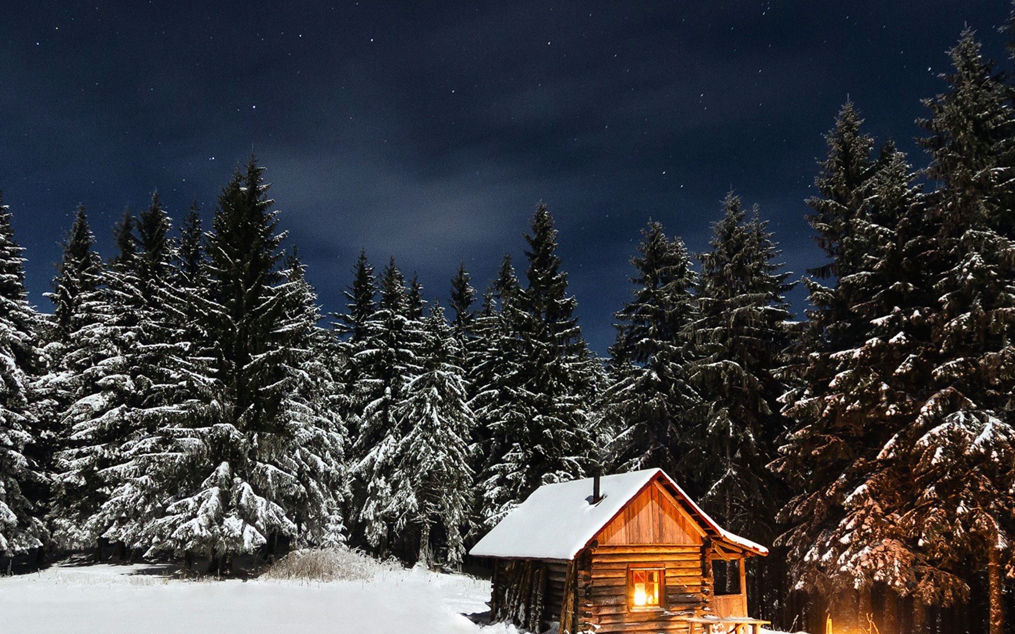 3840x2400 Winter House Night Sky Christmas Wallpaper, Desktop