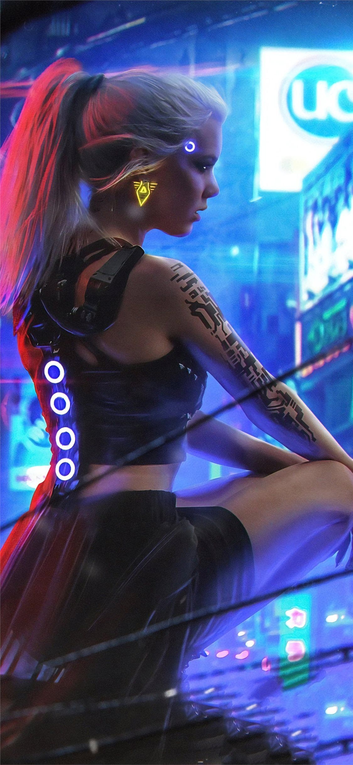 1130x2440 cyberpunk neon girl 4k iPhone X Wallpaper Free Download, Phone