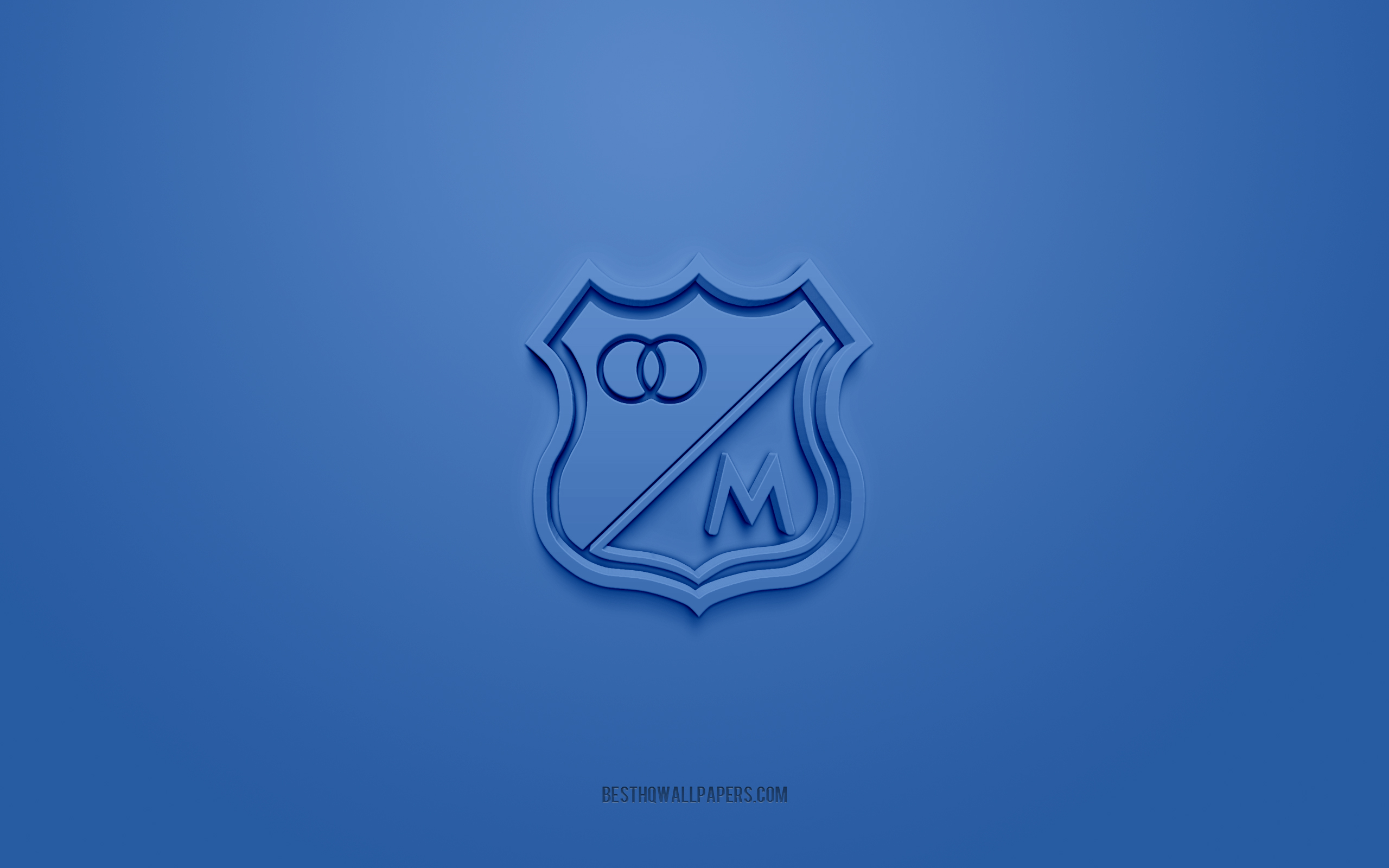 2560x1600 Download wallpaper Millonarios FC, creative 3D logo, blue background, 3D emblem, Colombian football club, Categoria Primera A, Bogota, Colombia, 3D art, football, Millonarios FC 3D logo for desktop with resolution. High, Desktop