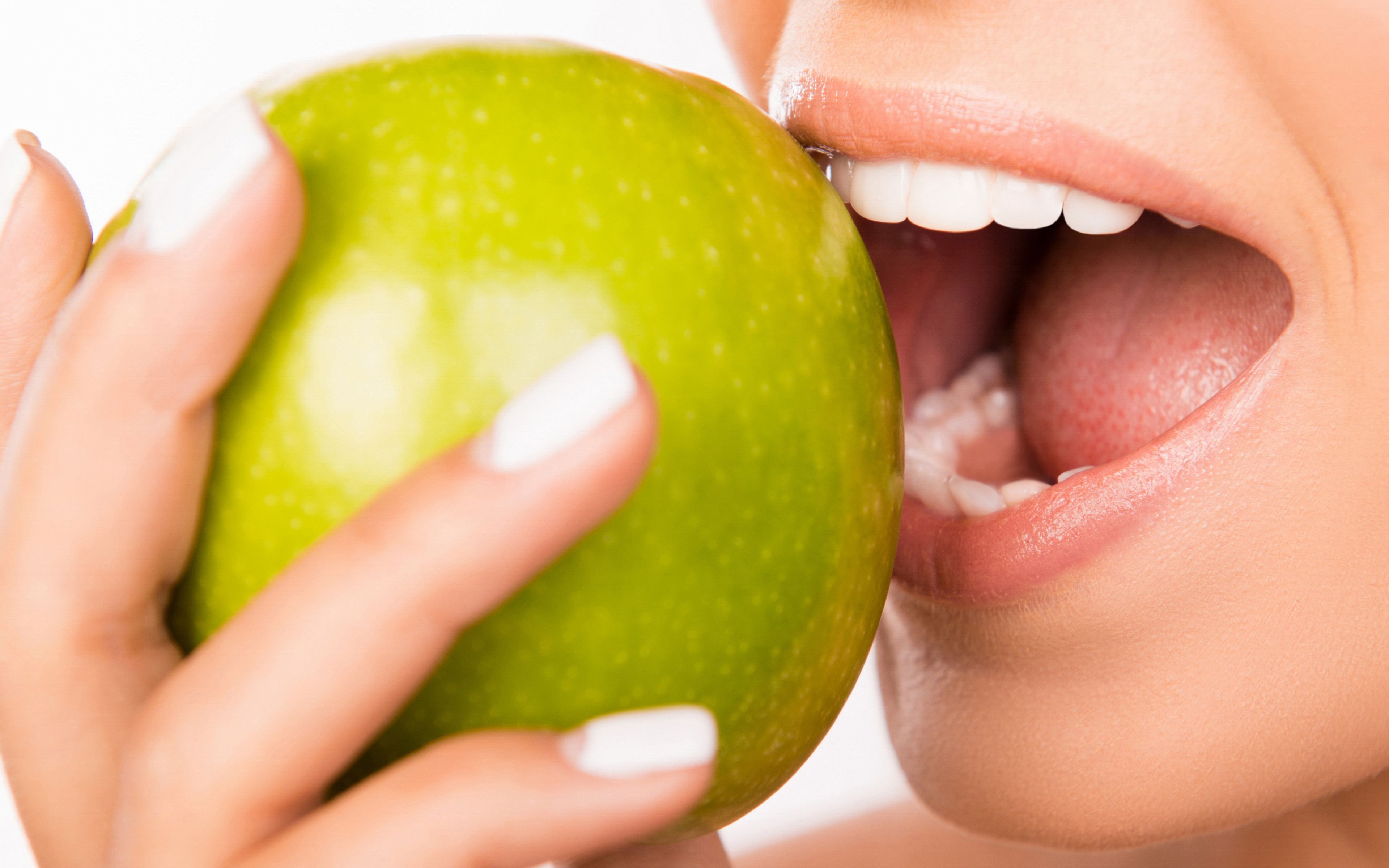 3840x2400 Download wallpaper healthy teeth, woman bites a green apple, dentistry concepts, white teeth, stomatology, beautiful teeth for desktop with resolution. High Quality HD picture wallpaper, Desktop