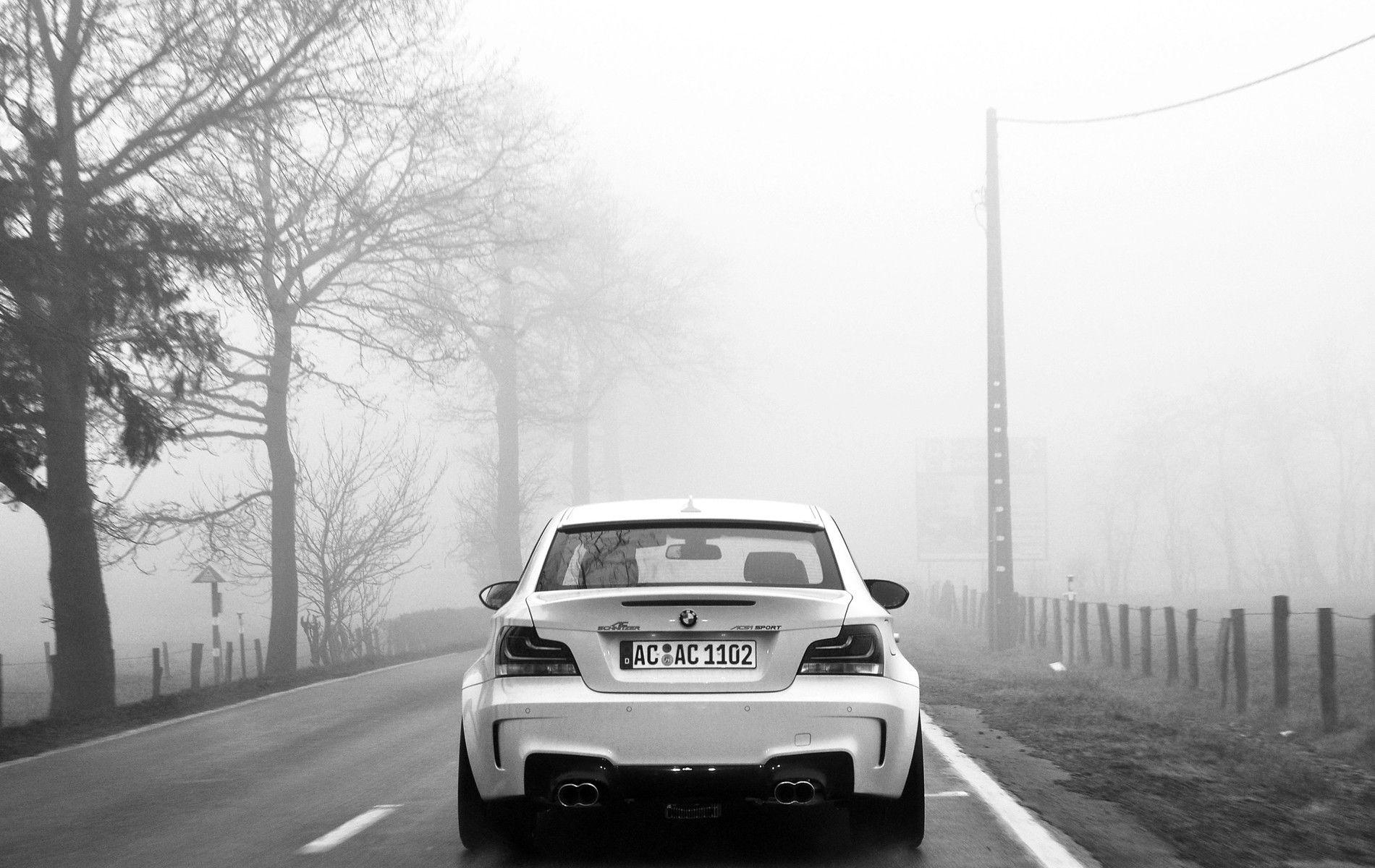 1900x1200 black and white, cars, roads, monochrome, BMW 1 series M Coupe, BMW, Desktop