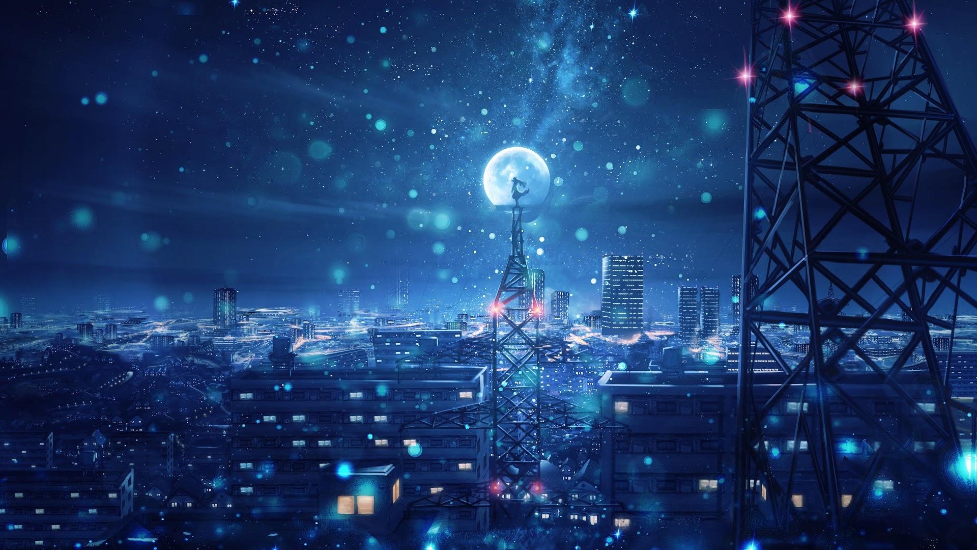 1920x1080 Night Sky City Stars Anime Scenery 4K Wallpaper, Desktop