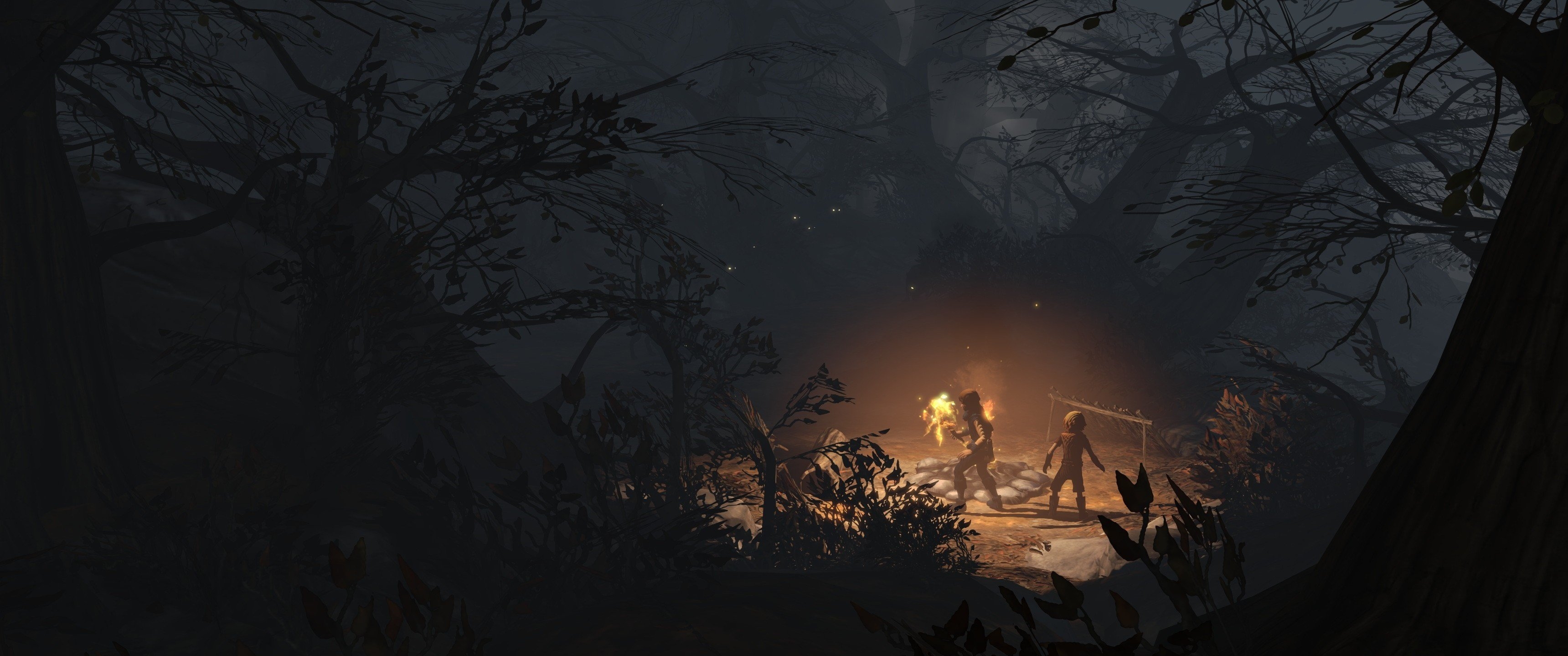 3440x1440 forest, video games, night, evening, morning, screen shot, moonlight, midnight, Brothers A Tale of Two Sons, darkness, screenshot, atmospheric phenomenon, geological phenomenon Gallery HD Wallpaper, Dual Screen