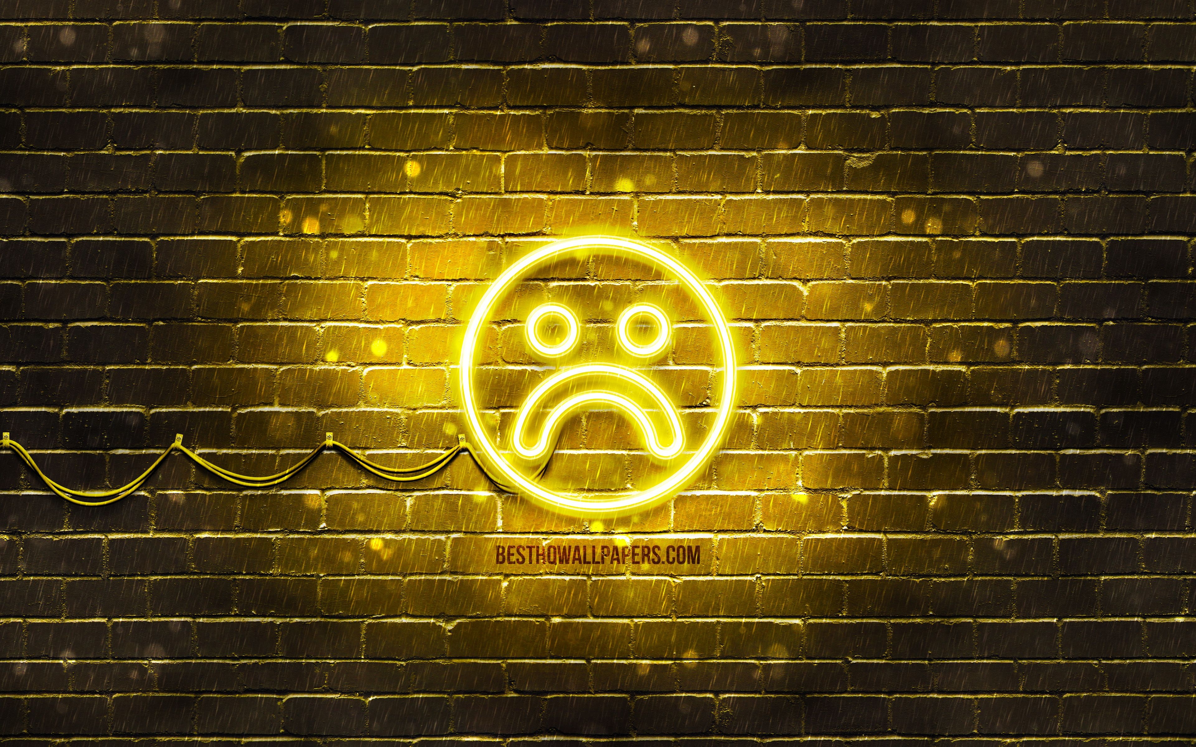 3840x2400 Download wallpaper Sad neon icon, 4k, yellow background, smiley icons, Sad Emotion, neon symbols, Sad, neon icons, Sad sign, emotion signs, Sad icon, emotion icons for desktop with resolution. High Quality, Desktop