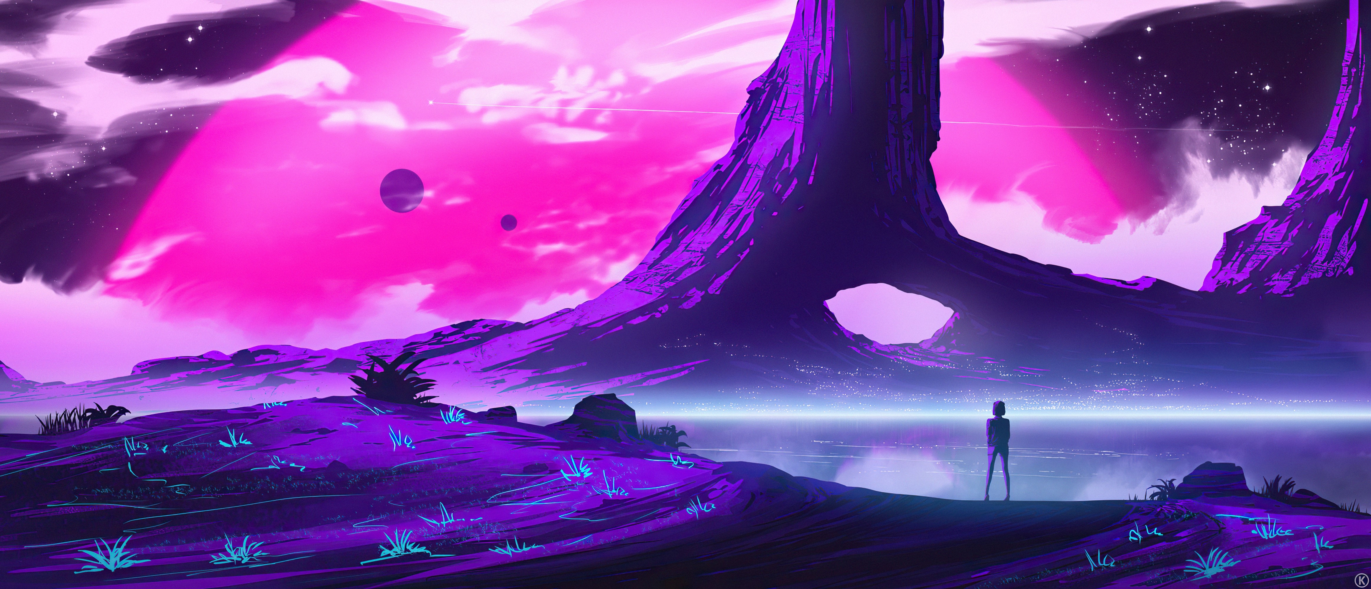 4650x2000 4K, landscape, purple background, ArtStation, artwork, 4 k Gallery HD Wallpaper, Dual Screen