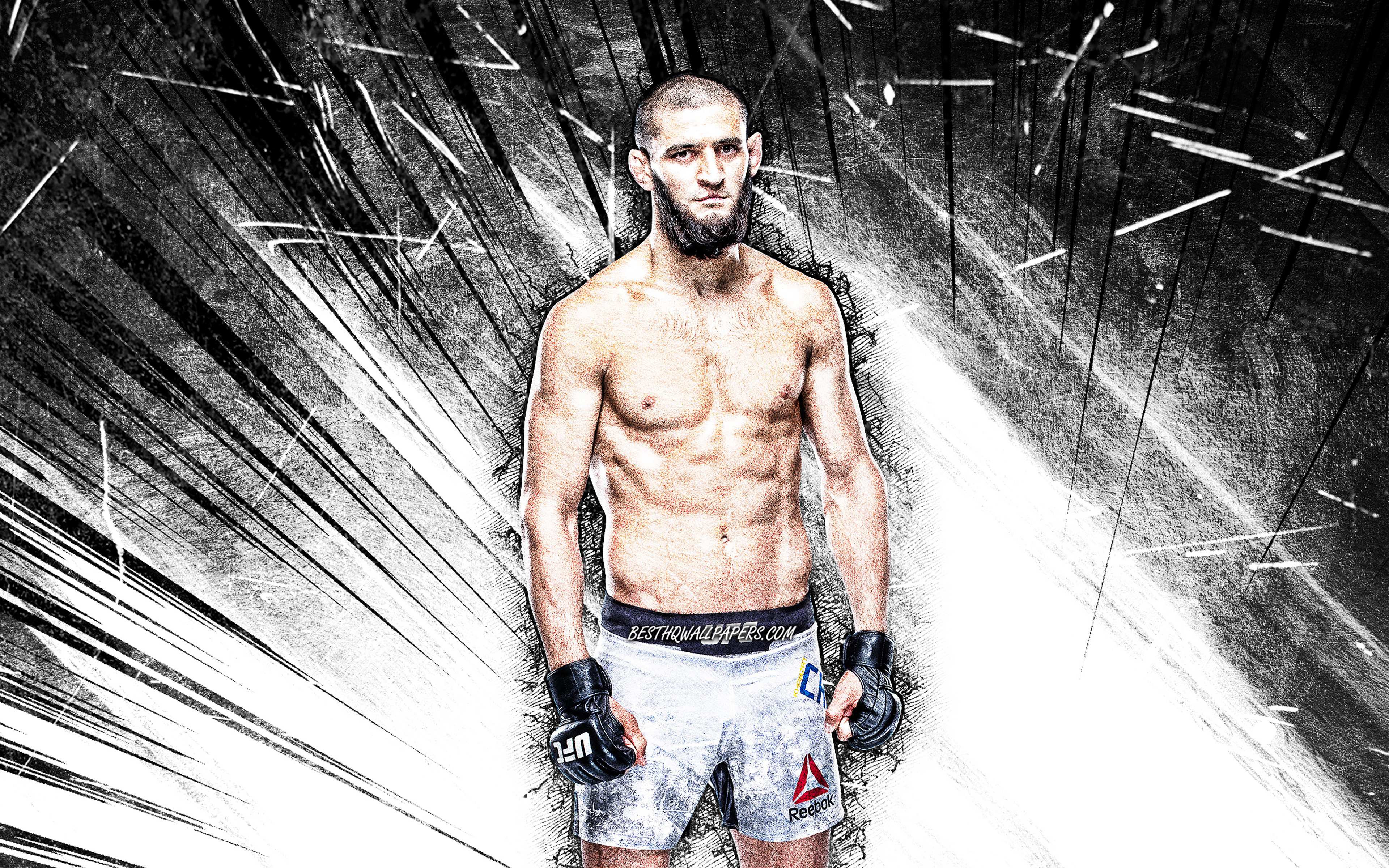 3840x2400 Download wallpaper 4k, Khamzat Chimaev, grunge art, Swedish fighters, MMA, UFC, Mixed martial arts, white abstract rays, Khamzat Chimaev 4K, UFC fighters, MMA fighters for desktop with resolution. High Quality HD, Desktop