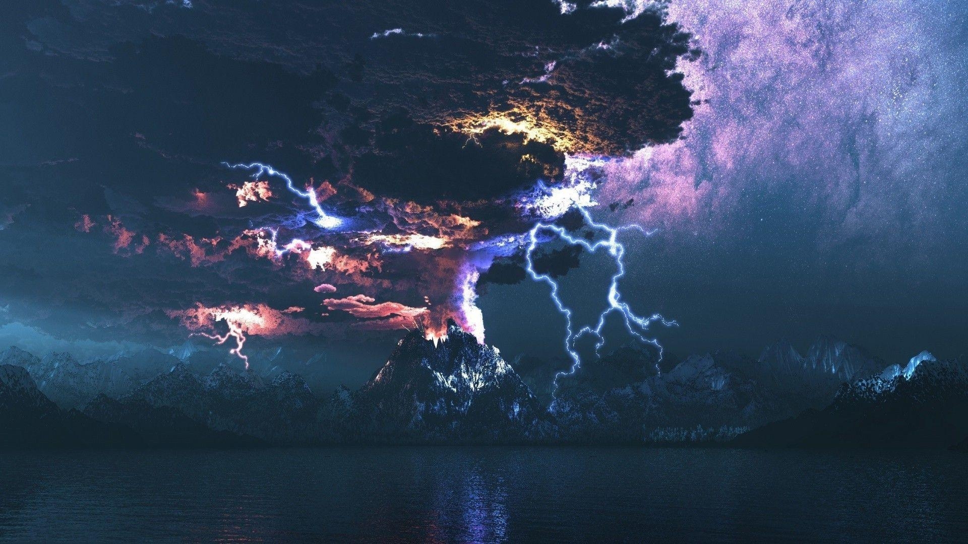 1920x1080 Lightning over the volcano eruption Wallpaper #, Desktop