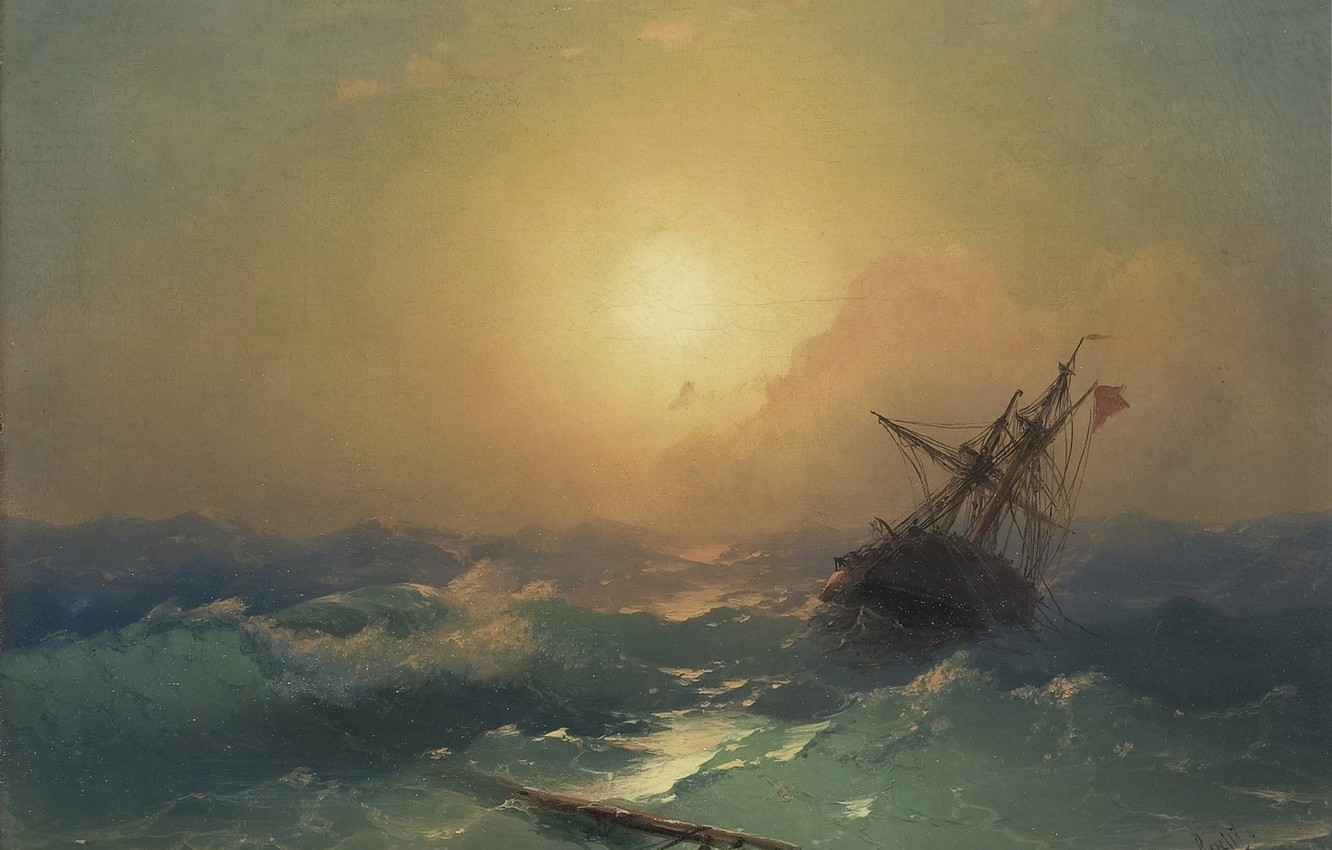 1340x850 Wallpaper wave, storm, picture, seascape, Ivan Aivazovsky, The ship in Distress image for desktop, section живопись, Desktop