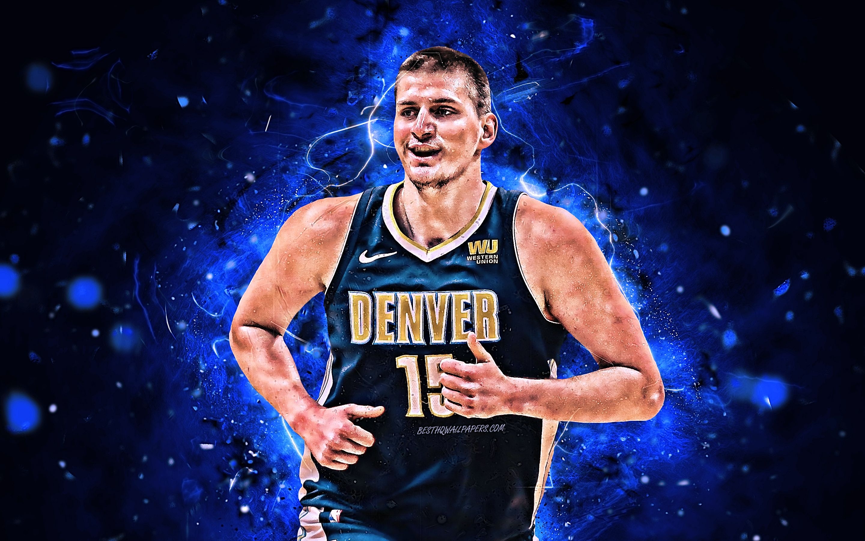 2880x1800 Download wallpaper Nikola Jokic, abstract art, basketball stars, NBA, Denver Nuggets, Jokic, basketball, neon lights, creative for desktop with resolution. High Quality HD picture wallpaper, Desktop