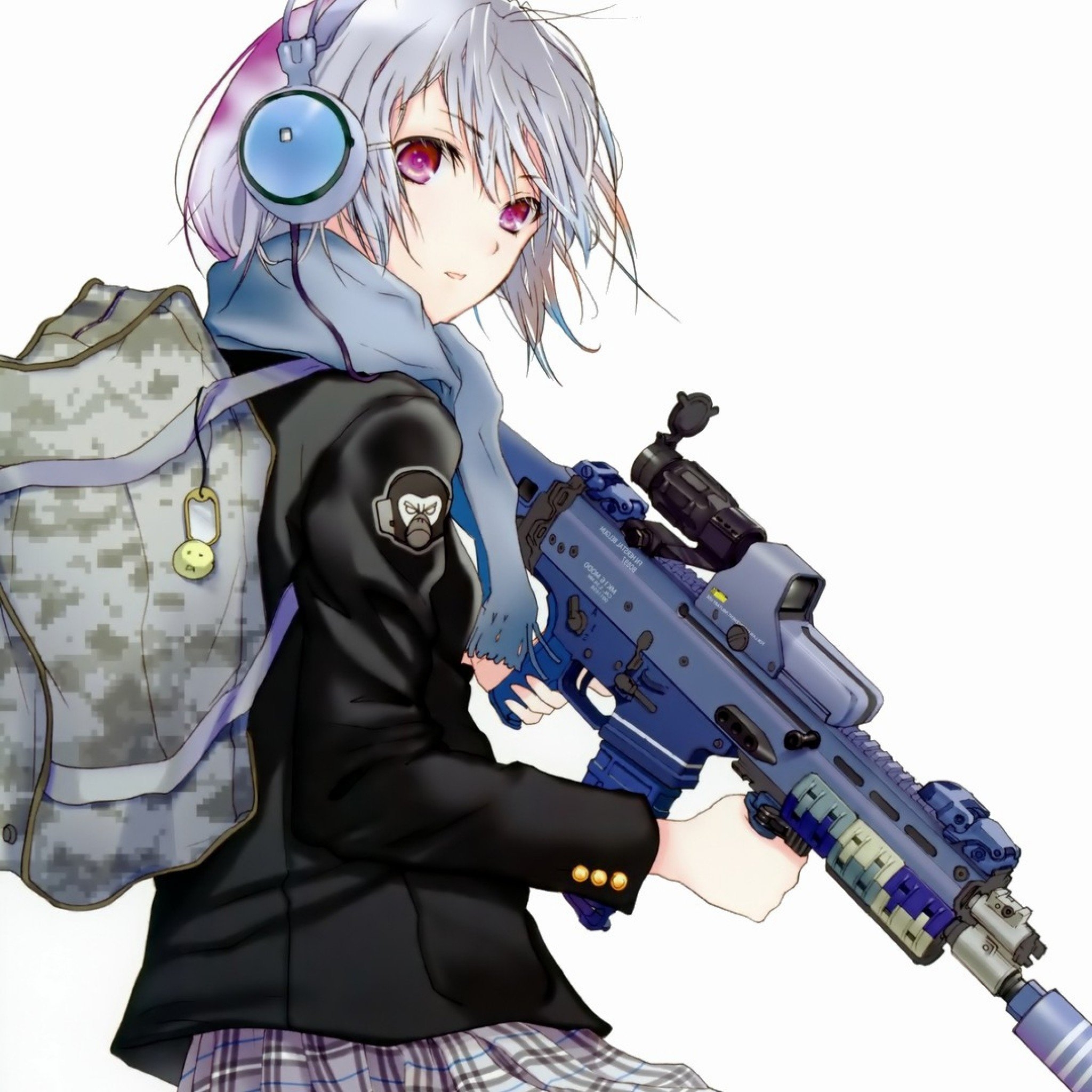 2050x2050 Wallpaper anime, girl, attitude, backpack, weapons, Phone