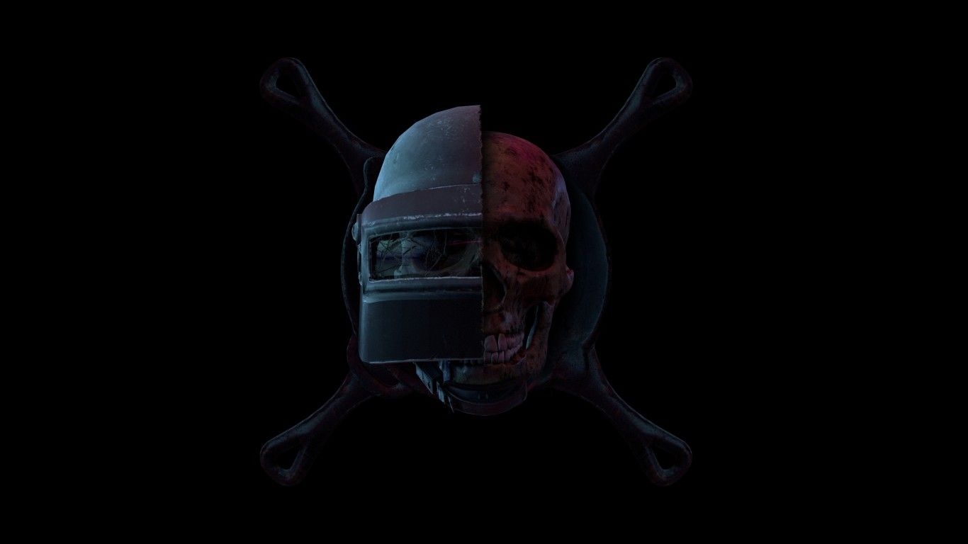 1370x770 PUBG 4K Wallpaper, Helmet, Skull, Black Background, Black Dark, Desktop