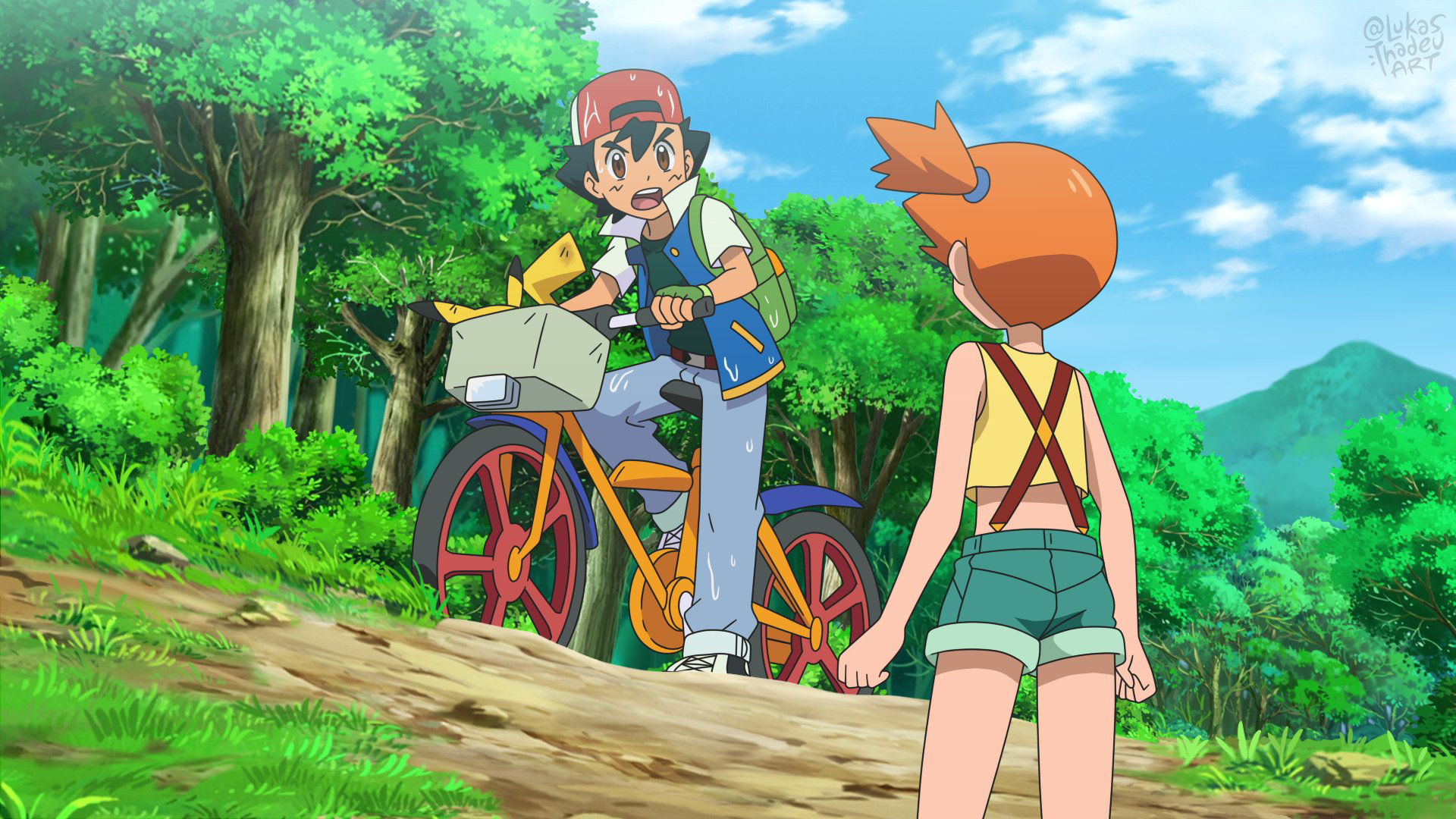 1920x1080 Ash Ketchum Bike Black Hair Boy Brown Eyes Cap Girl Misty Orange Hair Pikachu Pokemon HD Pokemon Wallpaper, Desktop