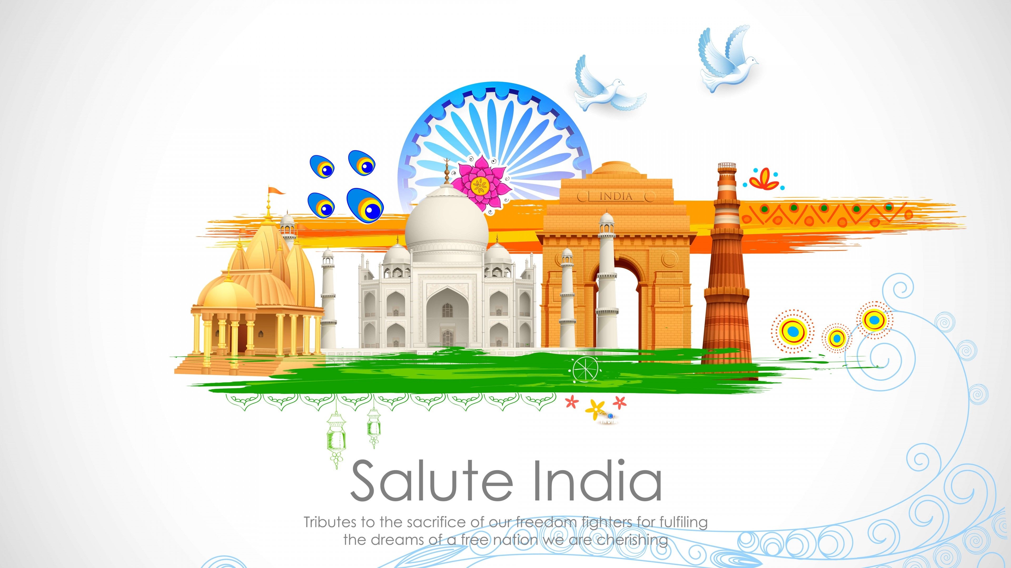 3840x2160 Wallpaper Salute India, Tribute, Freedom fighters, India Gate, Taj, Desktop