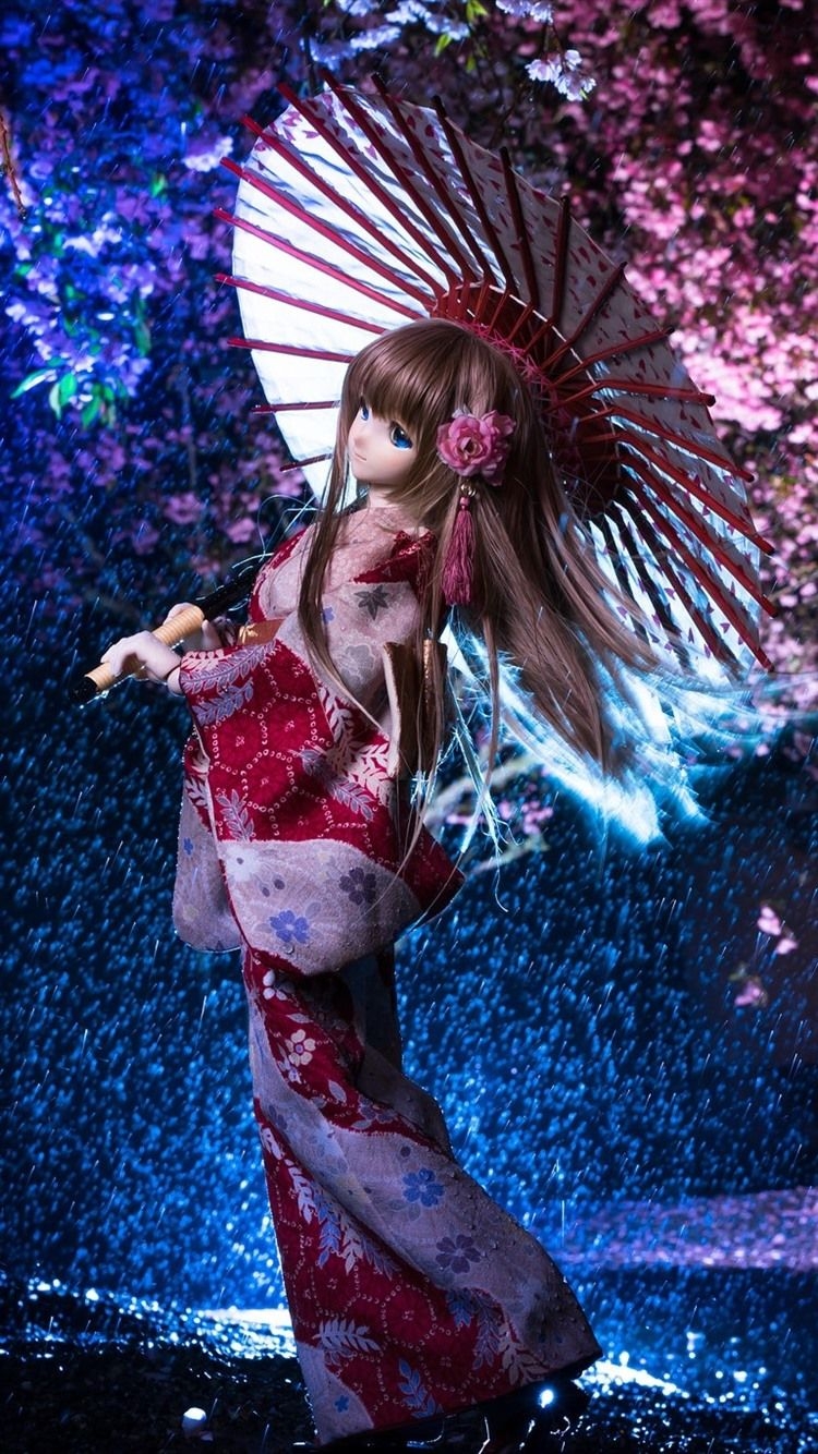 750x1340 Beautiful Japanese girl, doll, umbrella, sakura, rain, Phone