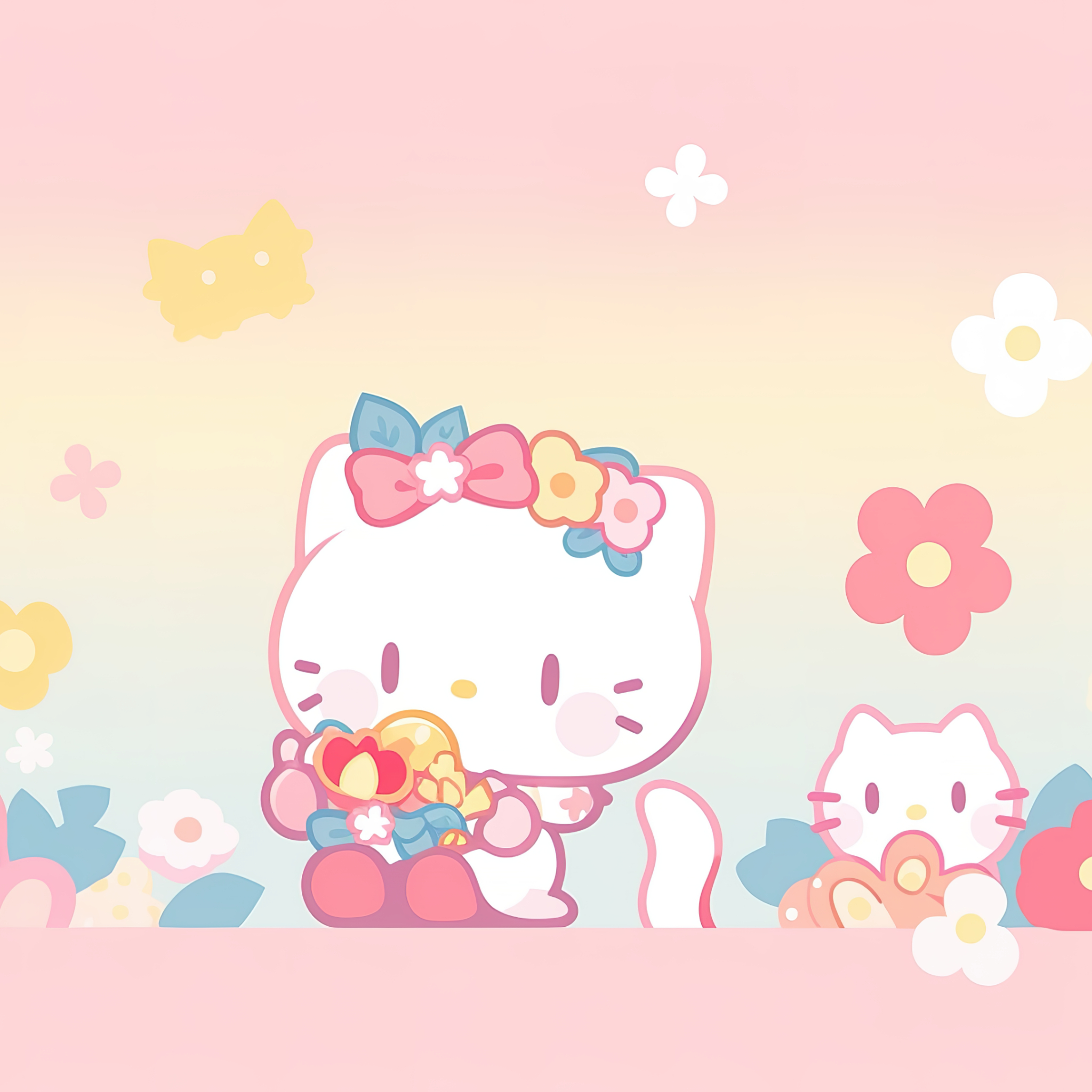 2050x2050 Cute hello kitties Wallpaper 4K, Floral Background, Phone