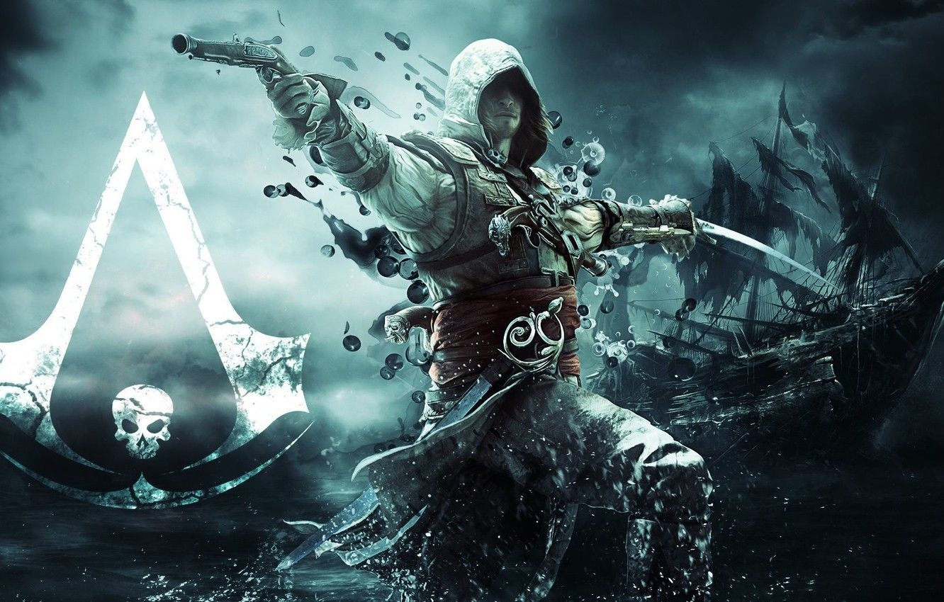 1340x850 Wallpaper gun, ship, sword, flag, pirate, assassin, Edward Kenway, Desktop