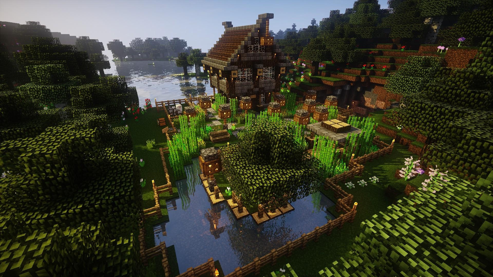 1920x1080 Wallpaper, Minecraft, video games, farm, house, forest, oak trees, Desktop