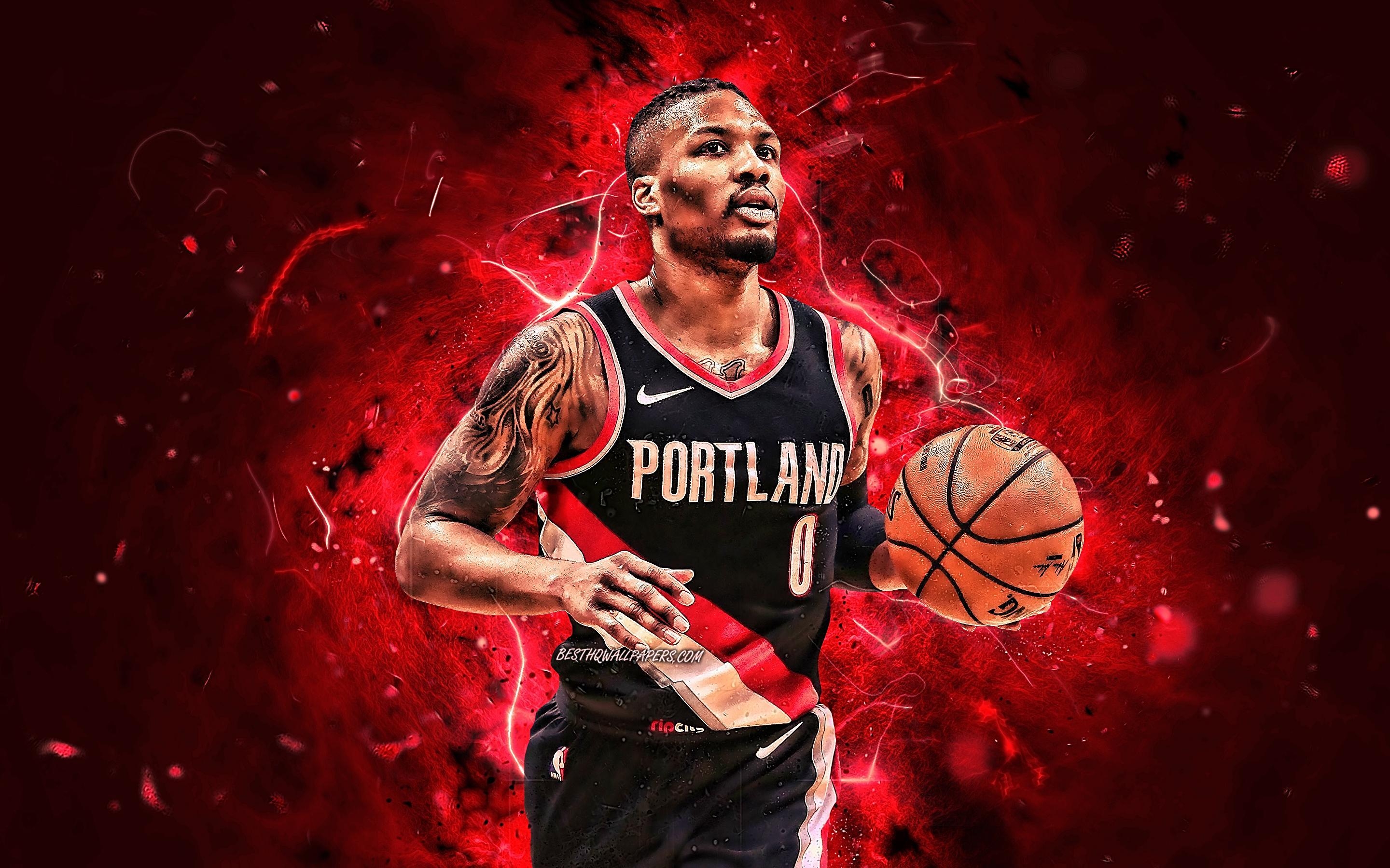 2880x1800 Download wallpaper Damian Lillard, black uniform, NBA, Portland Trail Blazers, basketball stars, Damian Lamonte Ollie Lillard, basketball, neon lights, creative for desktop with resolution. High Quality HD picture wallpaper, Desktop