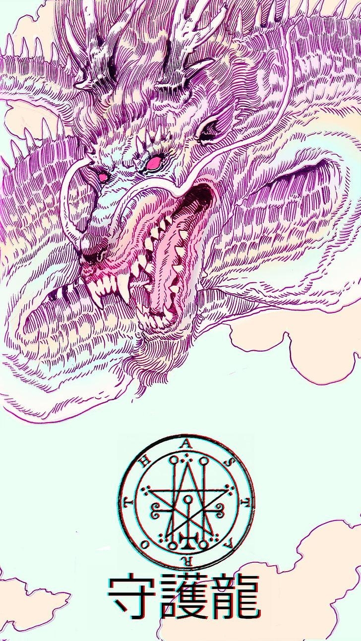 730x1300 HD wallpaper: pink dragon illustration, vaporwave, Japan, kanji, no people, Phone