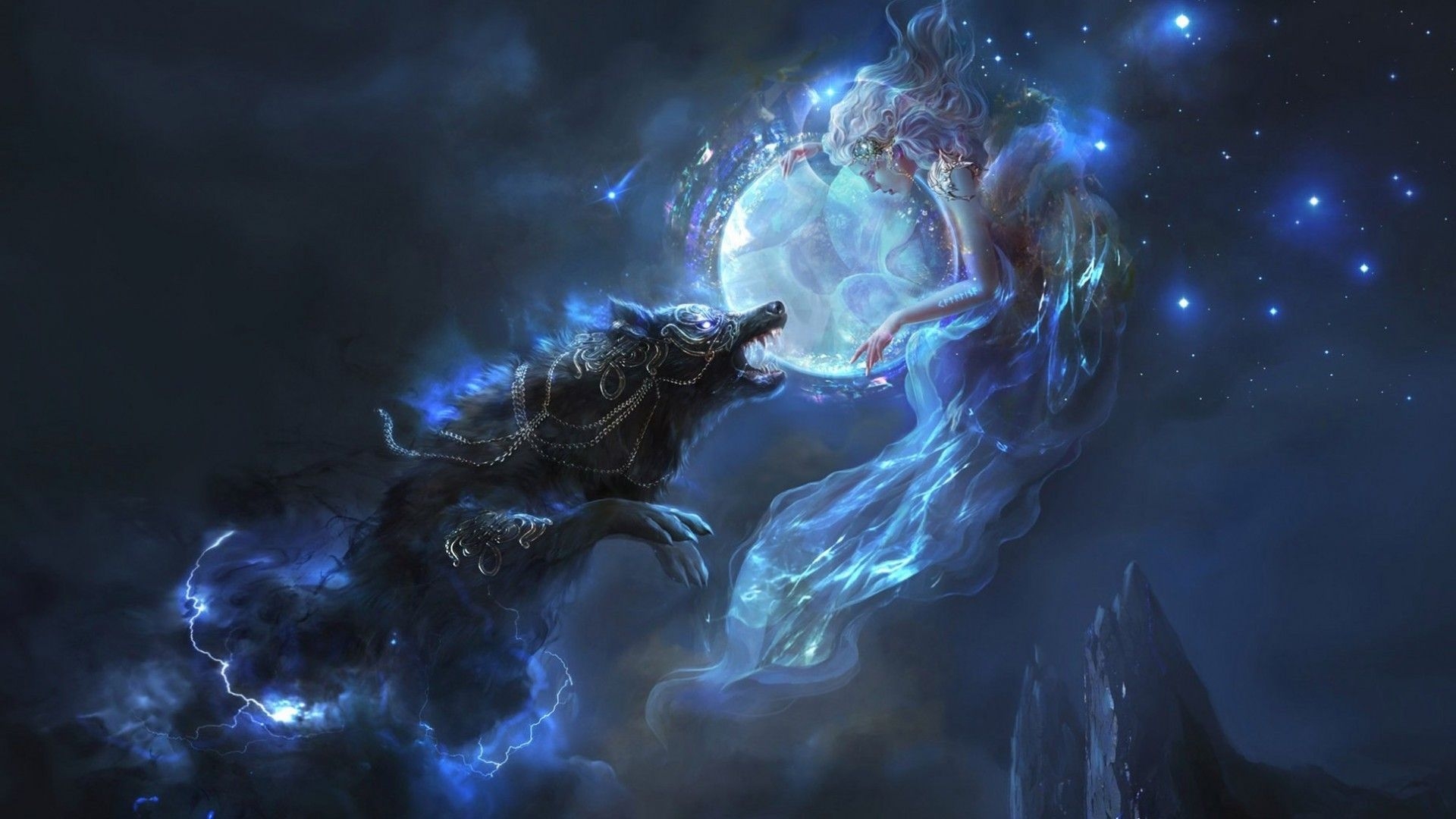 1920x1080 Download  Fantasy Girl, Wolf, Lights, Stars, Magic Wallpaper for Widescreen, Desktop