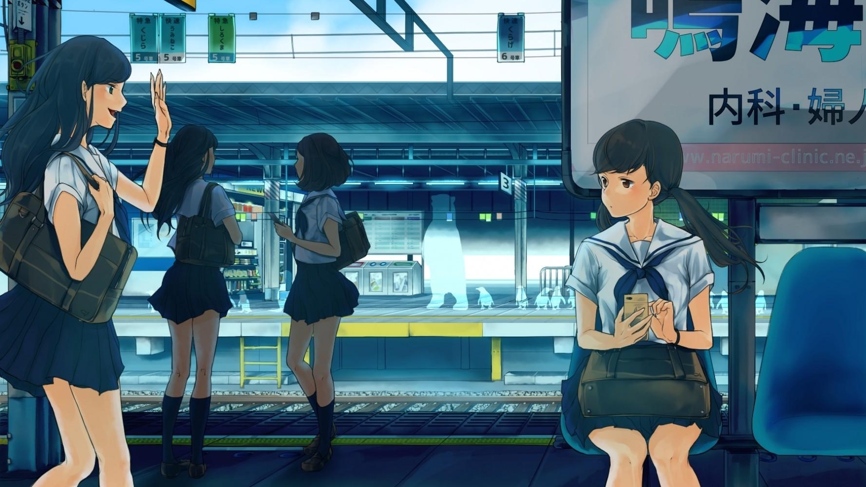 1780x1000 Download  Anime Girls, Train Station, School Girls, Friends, Desktop