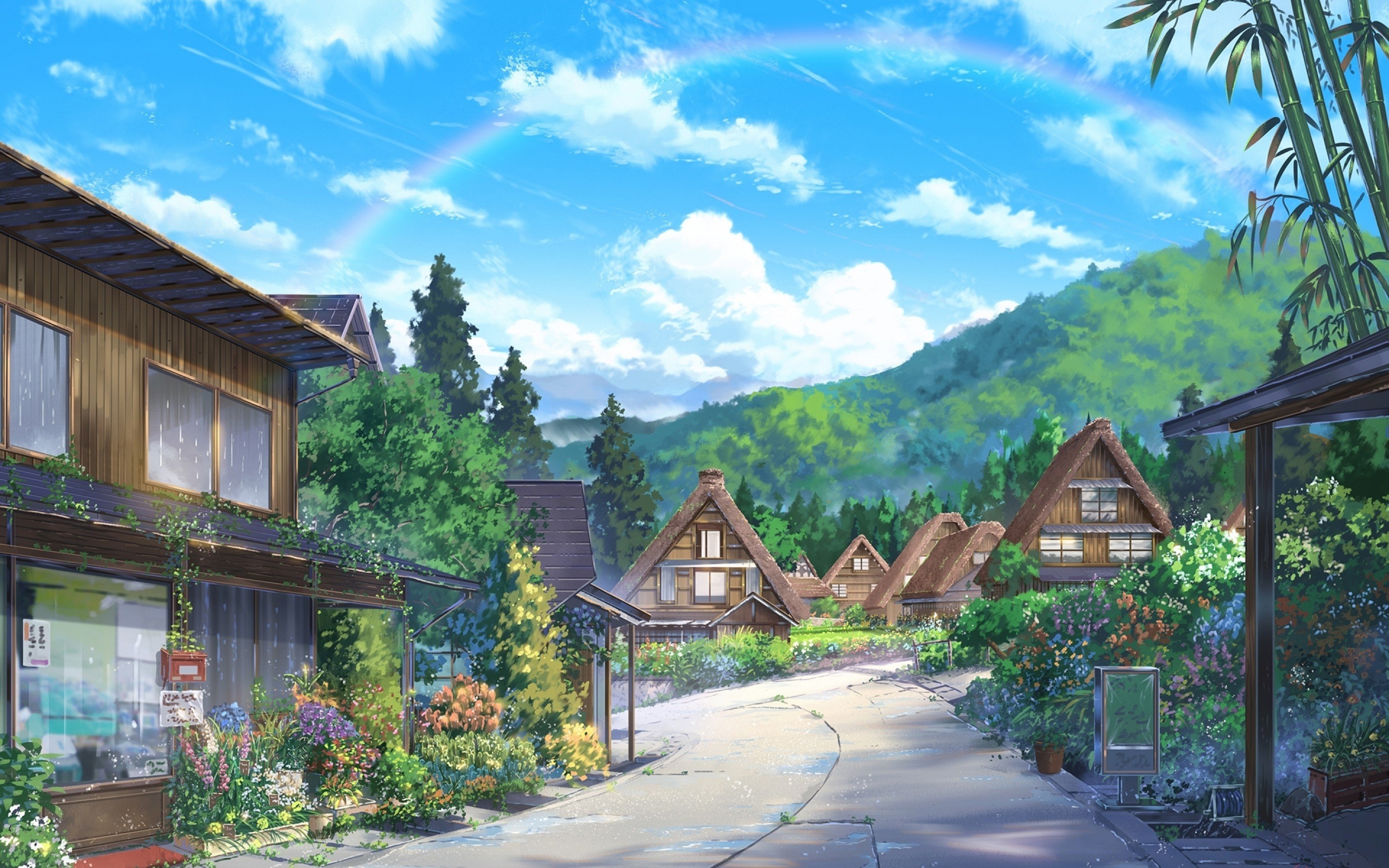 2880x1800 Download  Anime Landscape, Houses, Scenic, Clouds, Nature Wallpaper for MacBook Pro 15 inch, Desktop