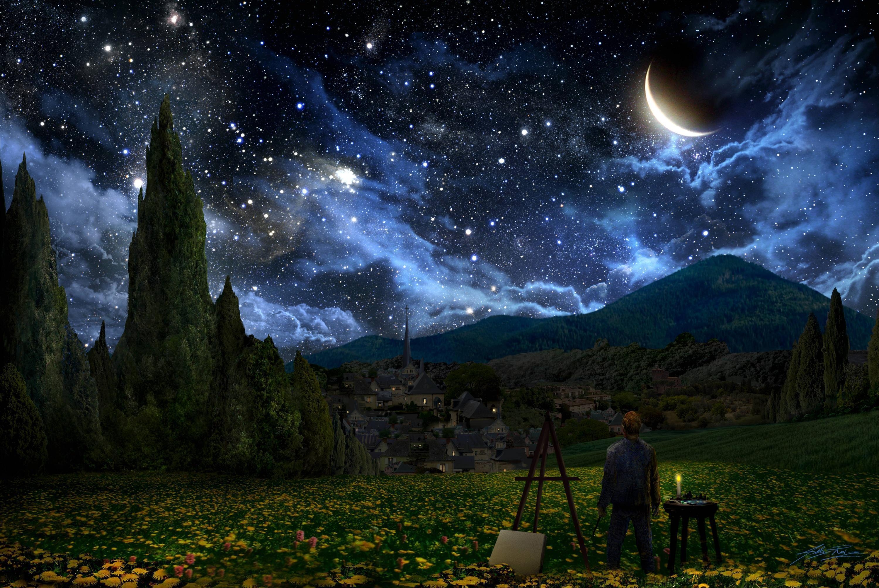 3000x2010 P O Manipulation Starry Night In Forest Wallpaper, Desktop