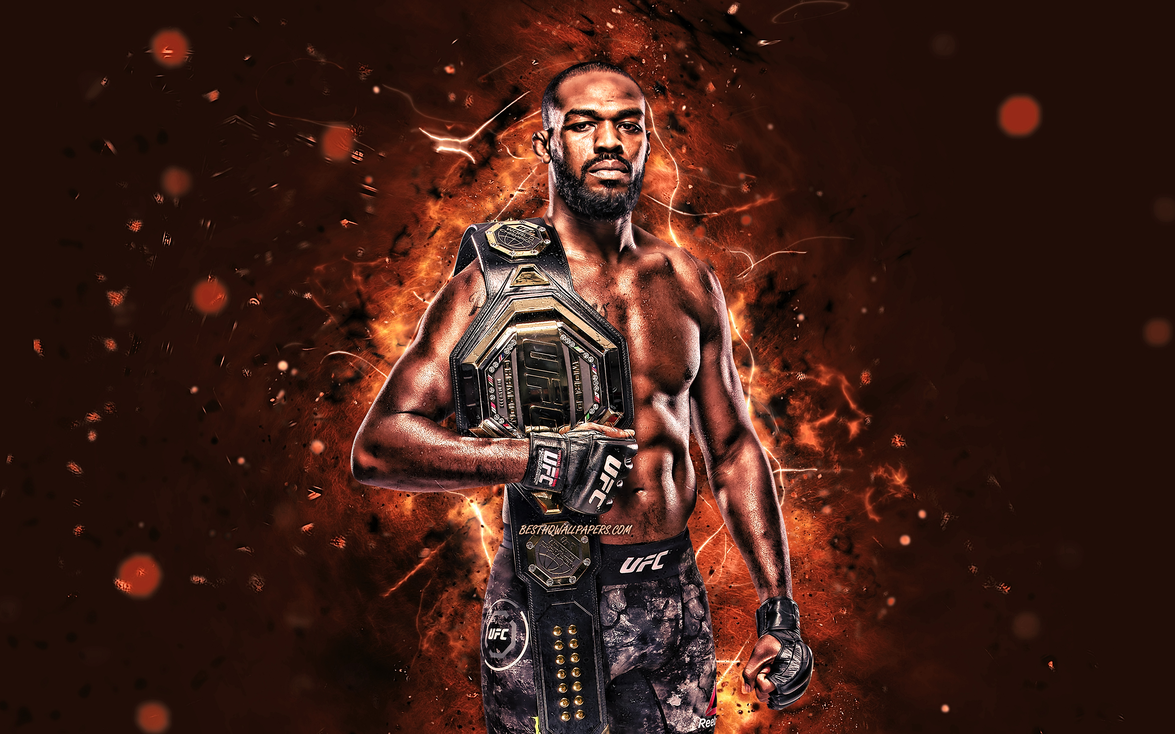 3840x2400 Download wallpaper Jon Jones, 4k, brown neon lights, american fighters, MMA, UFC, Mixed martial arts, Jon Jones 4K, UFC fighters, Jonathan Dwight Jones, MMA fighters for desktop with resolution. High Quality, Desktop