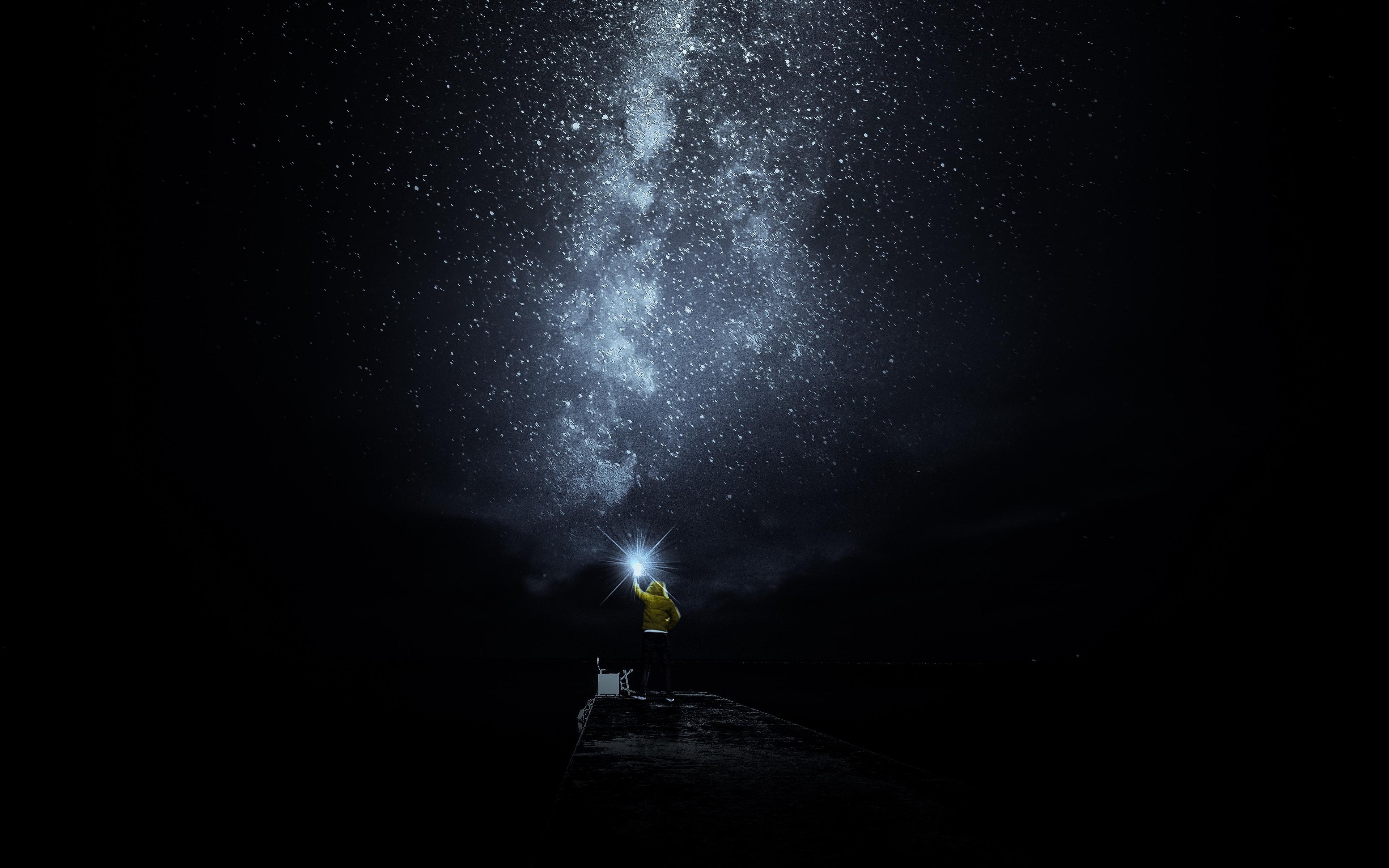 3840x2400 Download wallpaper  starry sky, man, loneliness, lonely, Desktop