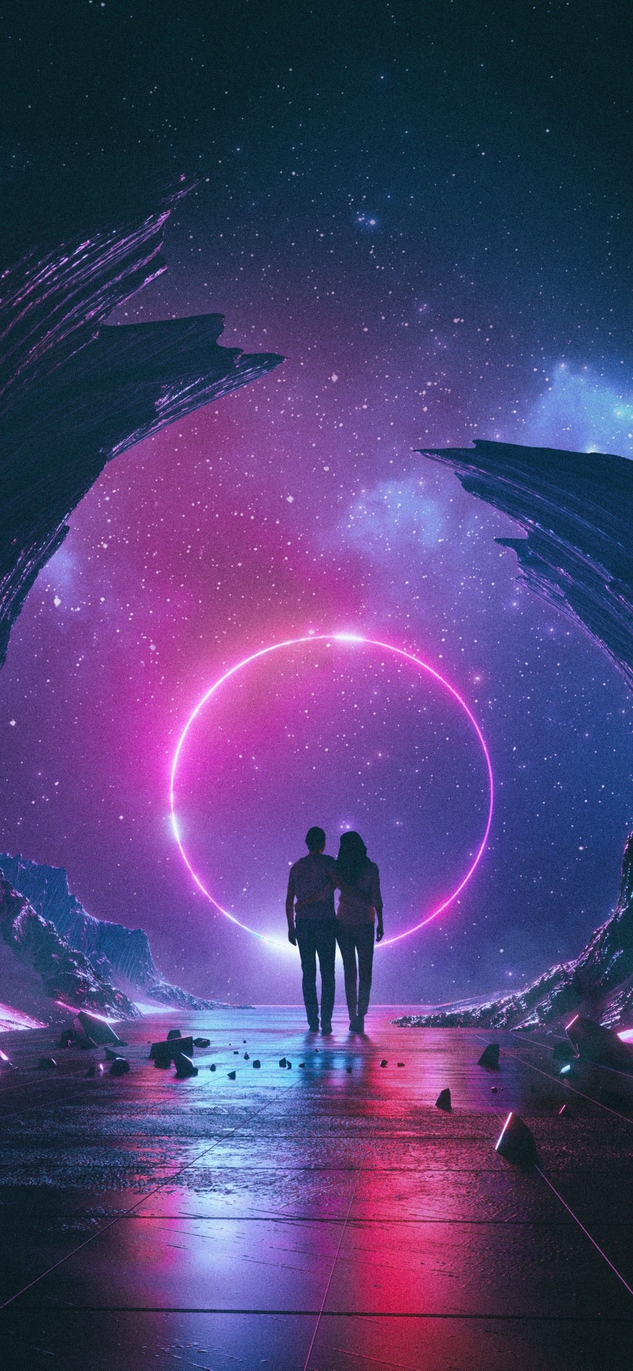 1250x2690 Couple 4K Wallpaper, Dream, Neon, Starry sky, Rocks, Silhouette, Colorful, Aesthetic, Love, Phone