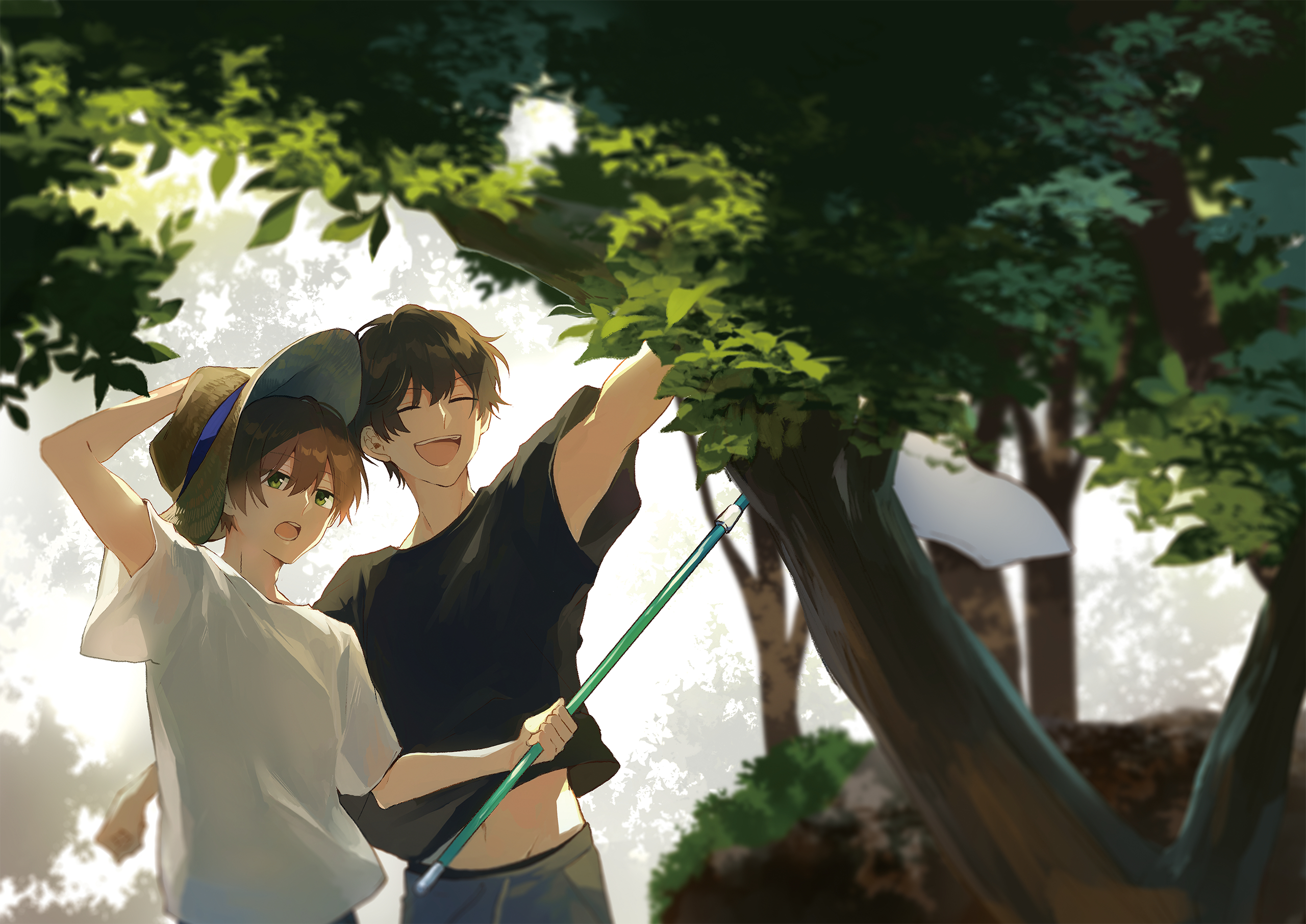 2560x1820 anime, summer, Male, straw hat, smiling, leaves, trees, Yaoi Gallery HD Wallpaper, Desktop