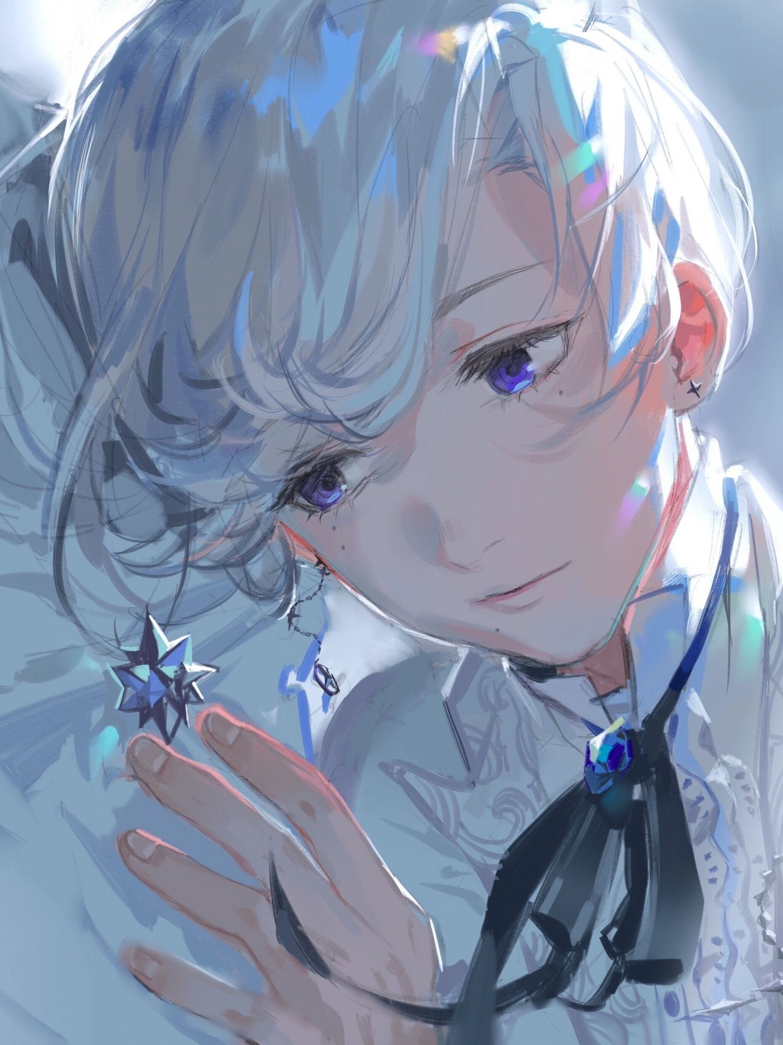 1540x2050 Free download Wallpaper Anime Boy Earrings White Hair Shoujo, Phone