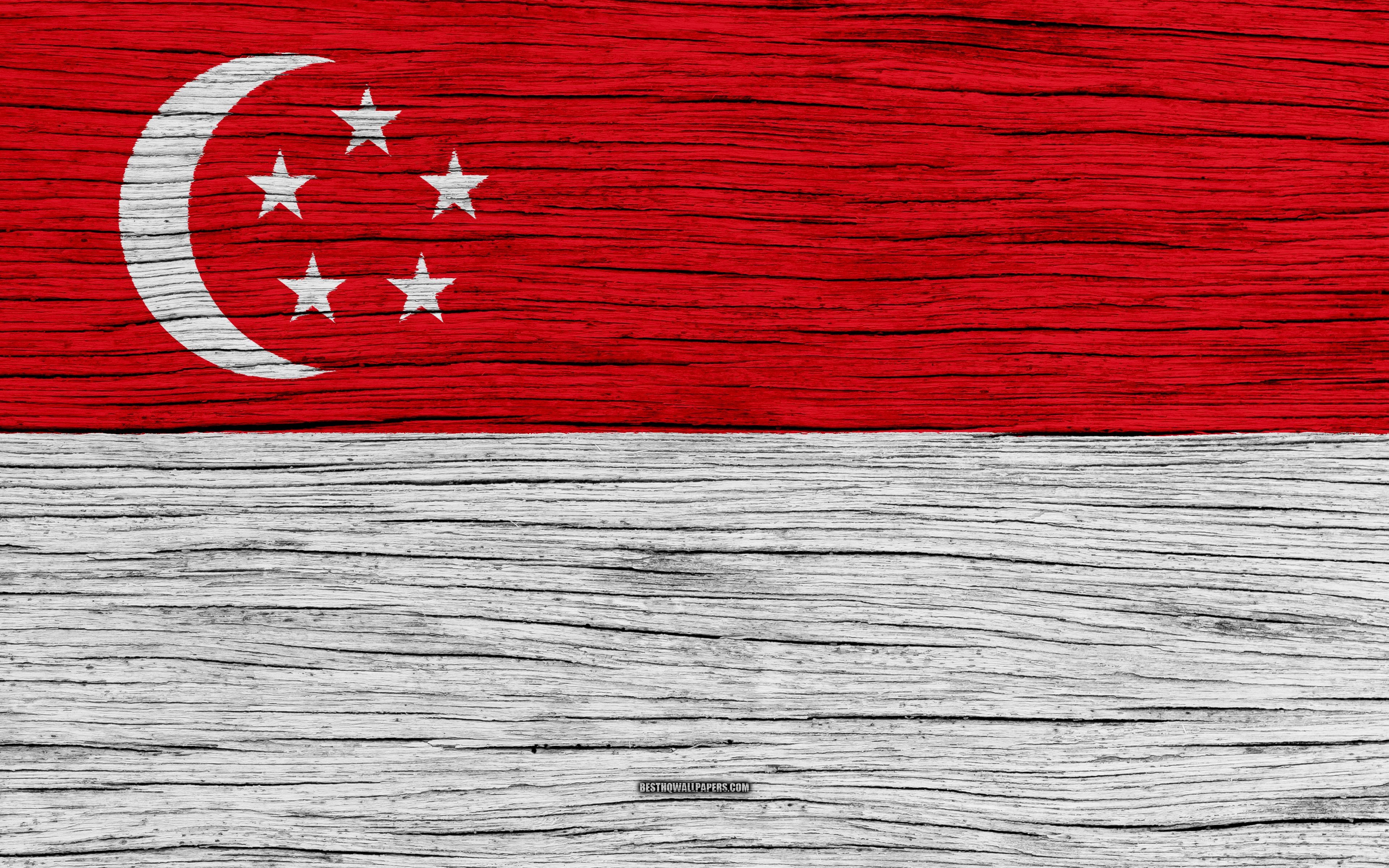 3840x2400 Download wallpaper Flag of Singapore, 4k, Asia, wooden texture, Desktop