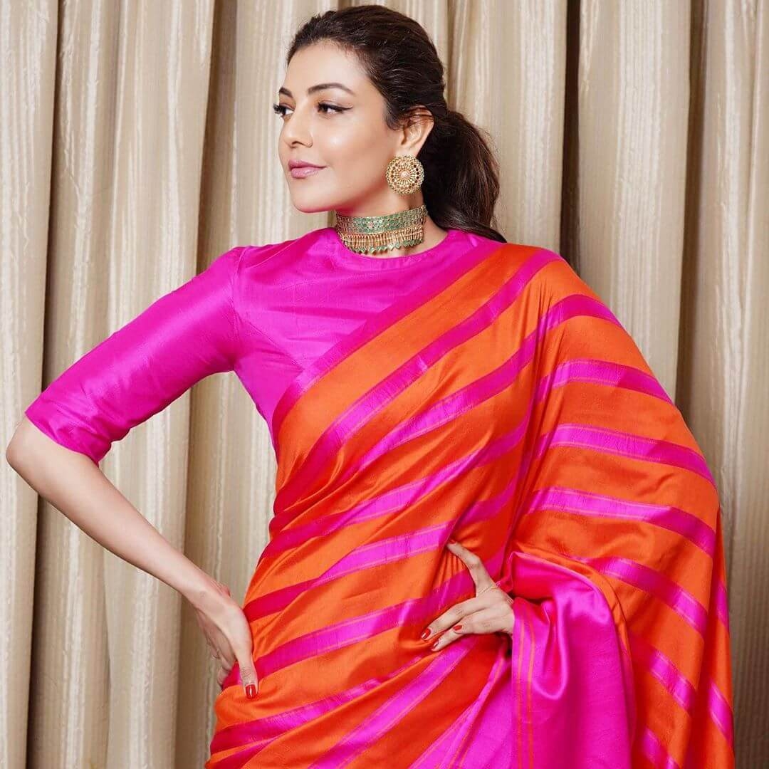 1080x1080 Beautiful Photo of Kajal Agarwal in her Pink and Orange Silk Saree, Phone