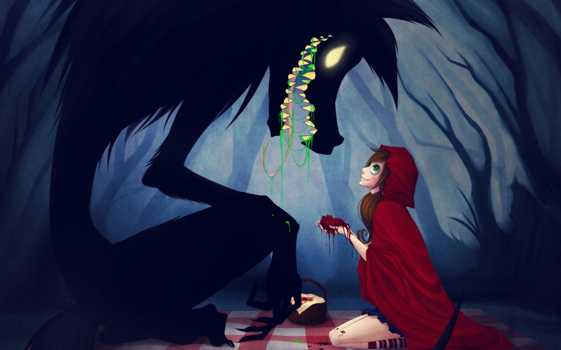 1920x1200 Red Riding Hood Anime Animals Wolves Trees Forest Women Girls Dark, Desktop