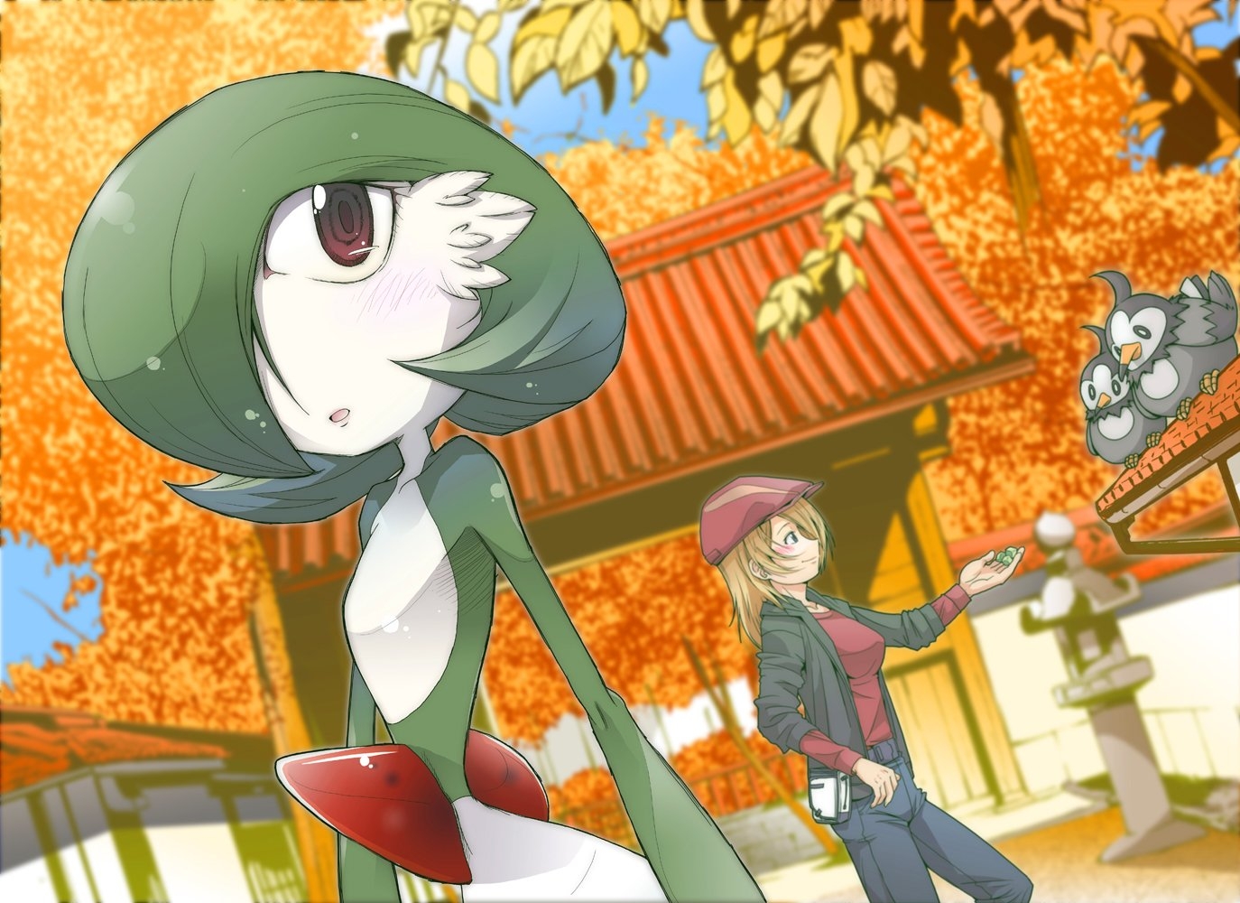 1380x1000 animal autumn bird blonde hair blush gardevoir green hair hat kaeru ace pokemon red eyes starly tree. konachan.net.com Anime Wallpaper, Desktop