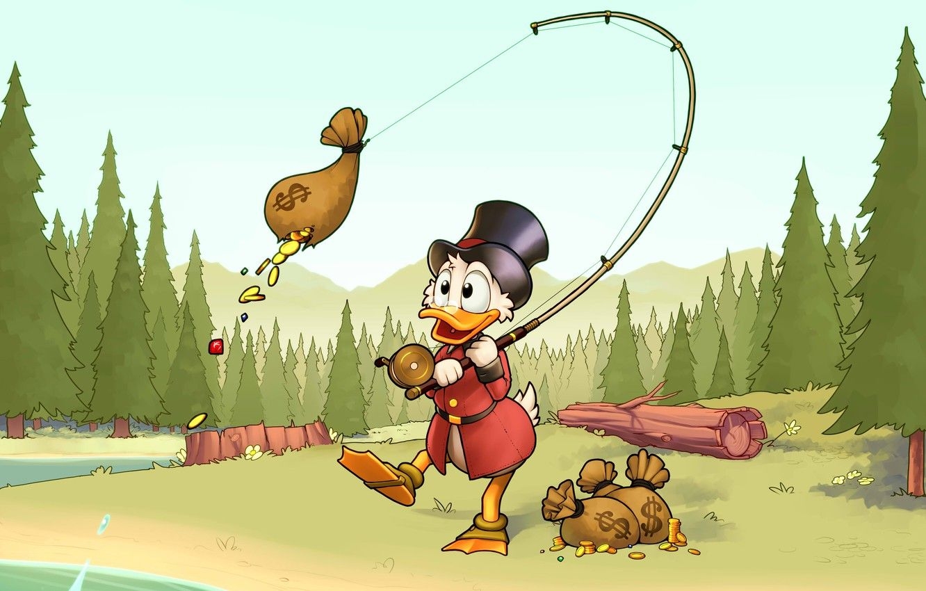 1340x850 Wallpaper forest, gold, fishing, coins, Disney, rod, Scrooge, Desktop