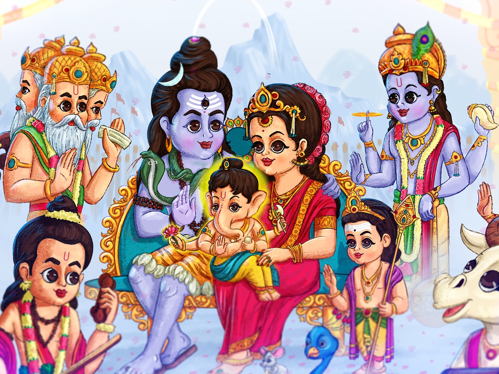 1600x1200 lord Shiva family cartoon illustration, Desktop