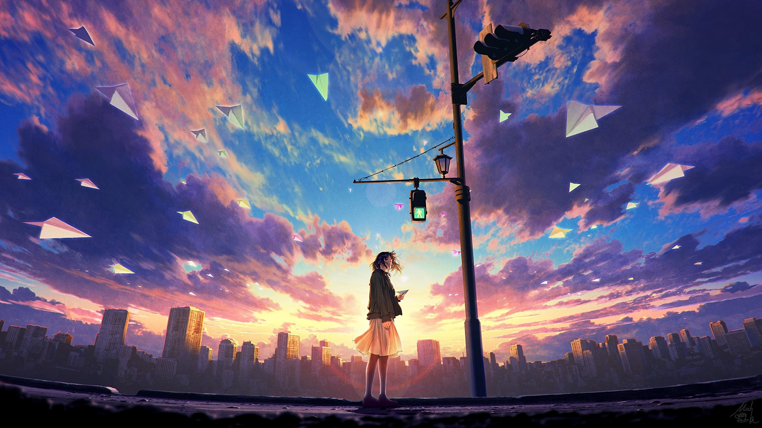 2560x1440 Anime Girl Sky Clouds Sunrise Scenery 4K Wallpaper, Desktop