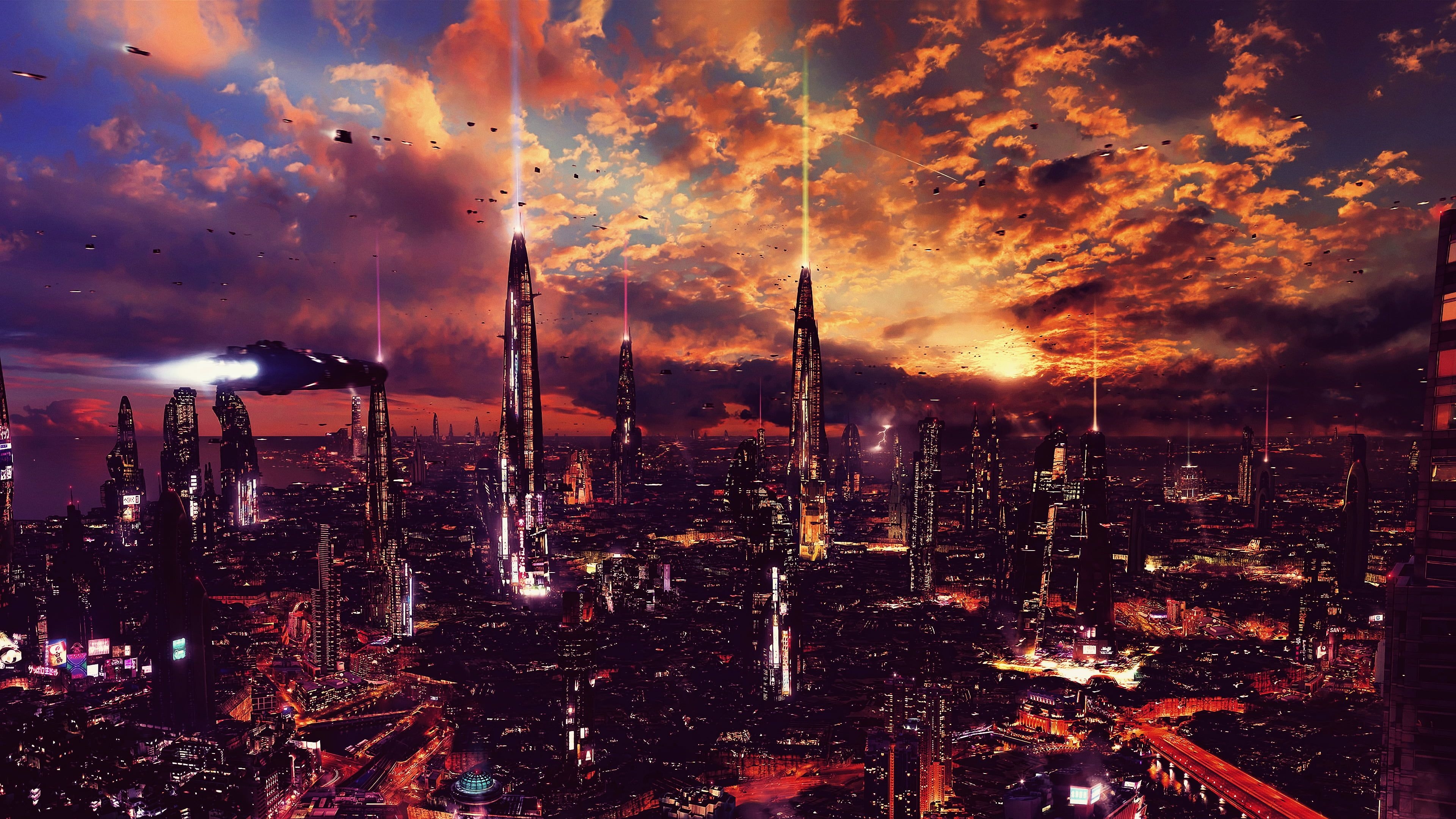 3840x2160 cityscape view of city during nighttime #night #artwork futuristic city science fiction digital art concept art #ci. Futuristic city, City wallpaper, HD wallpaper, Desktop