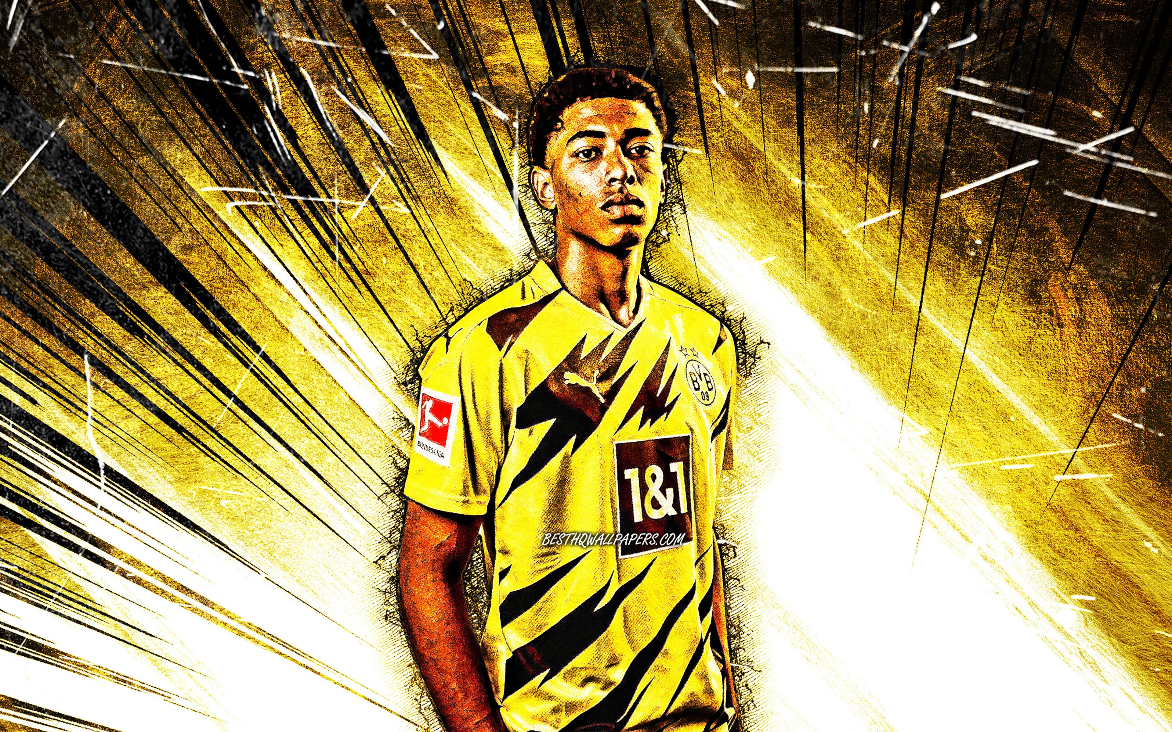 3840x2400 Download wallpaper 4k, Jude Bellingham, grunge art, english footballers, Borussia Dortmund FC, soccer, BVB, Bundesliga, Jude Victor William Bellingham, football, yellow abstract rays, Jude Bellingham BVB for desktop with resolution. High, Desktop