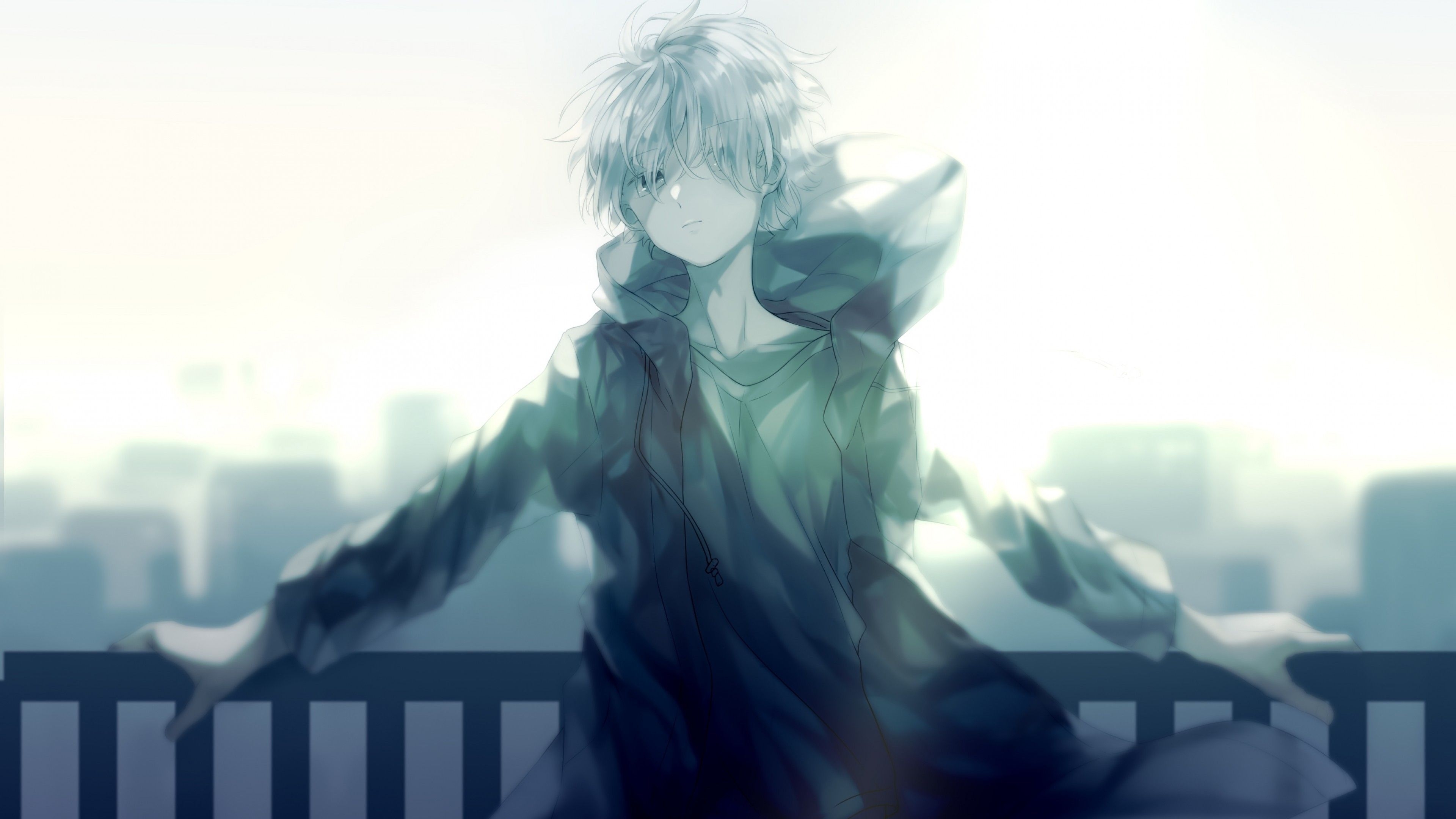 3840x2160 Download  Cool Anime Boy, Hoodie, White Hair, Fence, Cityscape Wallpaper for UHD TV, Desktop