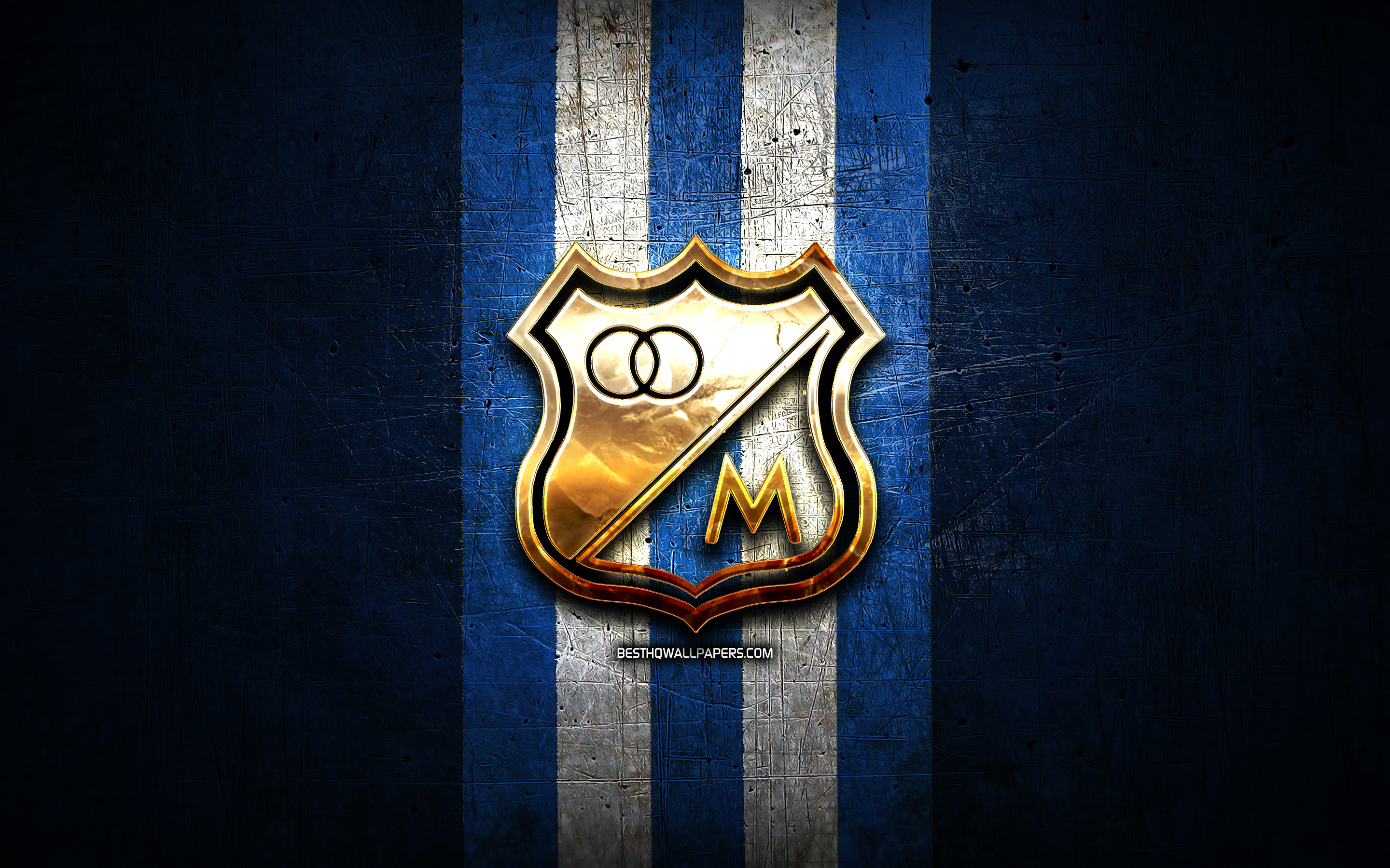 2880x1800 Download wallpaper Millonarios FC, golden logo, Categoria Primera A, blue metal background, football, colombian football club, Millonarios logo, soccer, Millonarios SA for desktop with resolution. High Quality HD picture wallpaper, Desktop