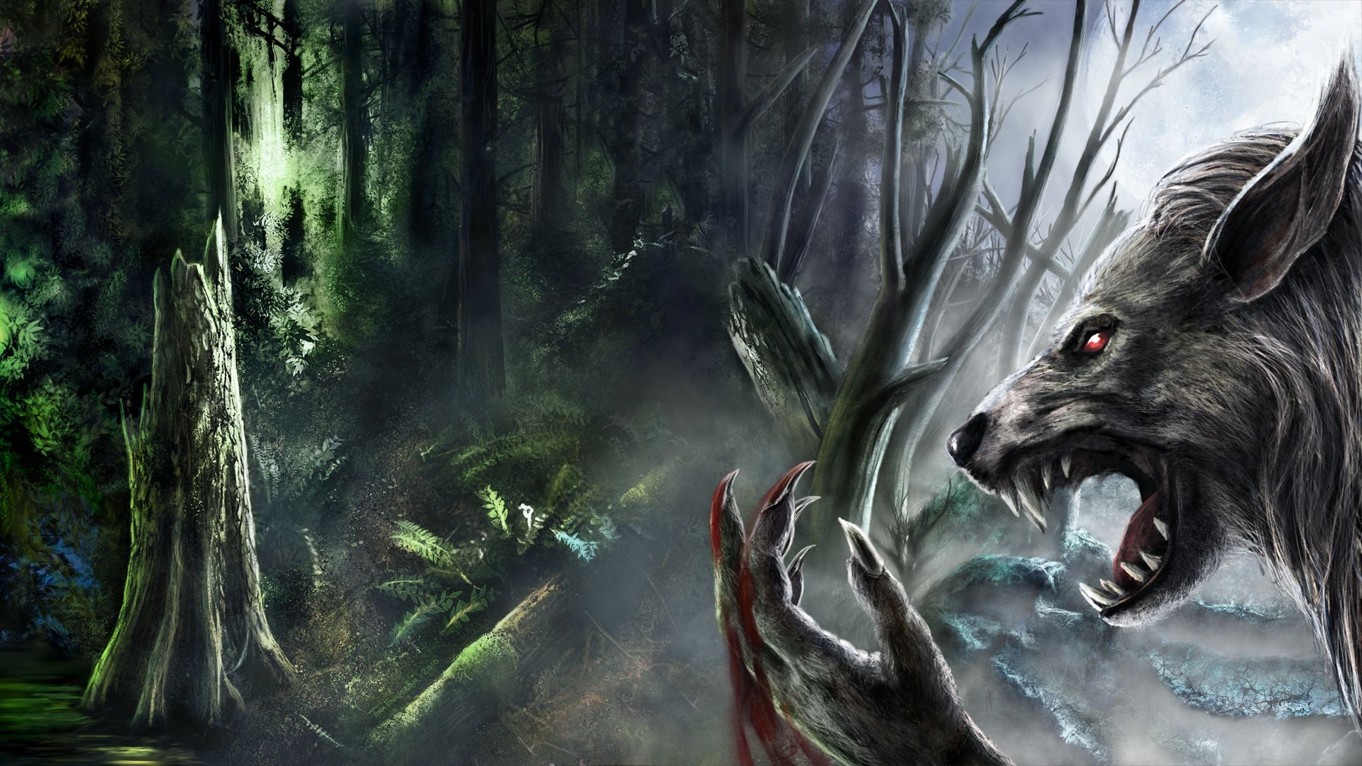 1920x1080 Werewolf fantasy art dark monster creatures blood fangs trees forest spooky creepy scary evil wallpaperx1080, Desktop