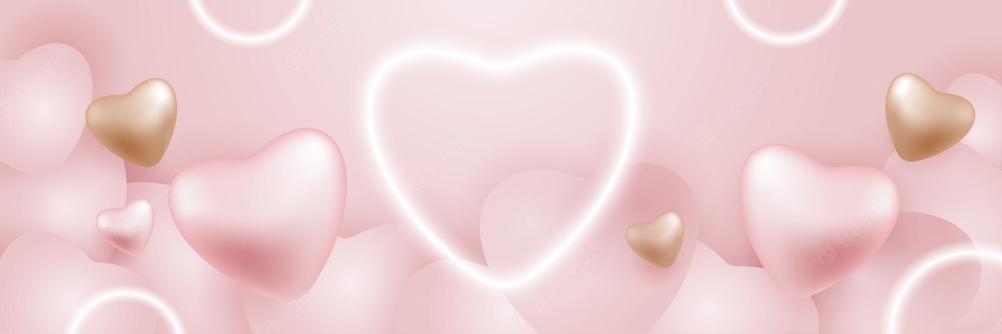 2000x670 Premium Vector. Pink background with clouds 3D hearts and heart shaped aura, Dual Screen