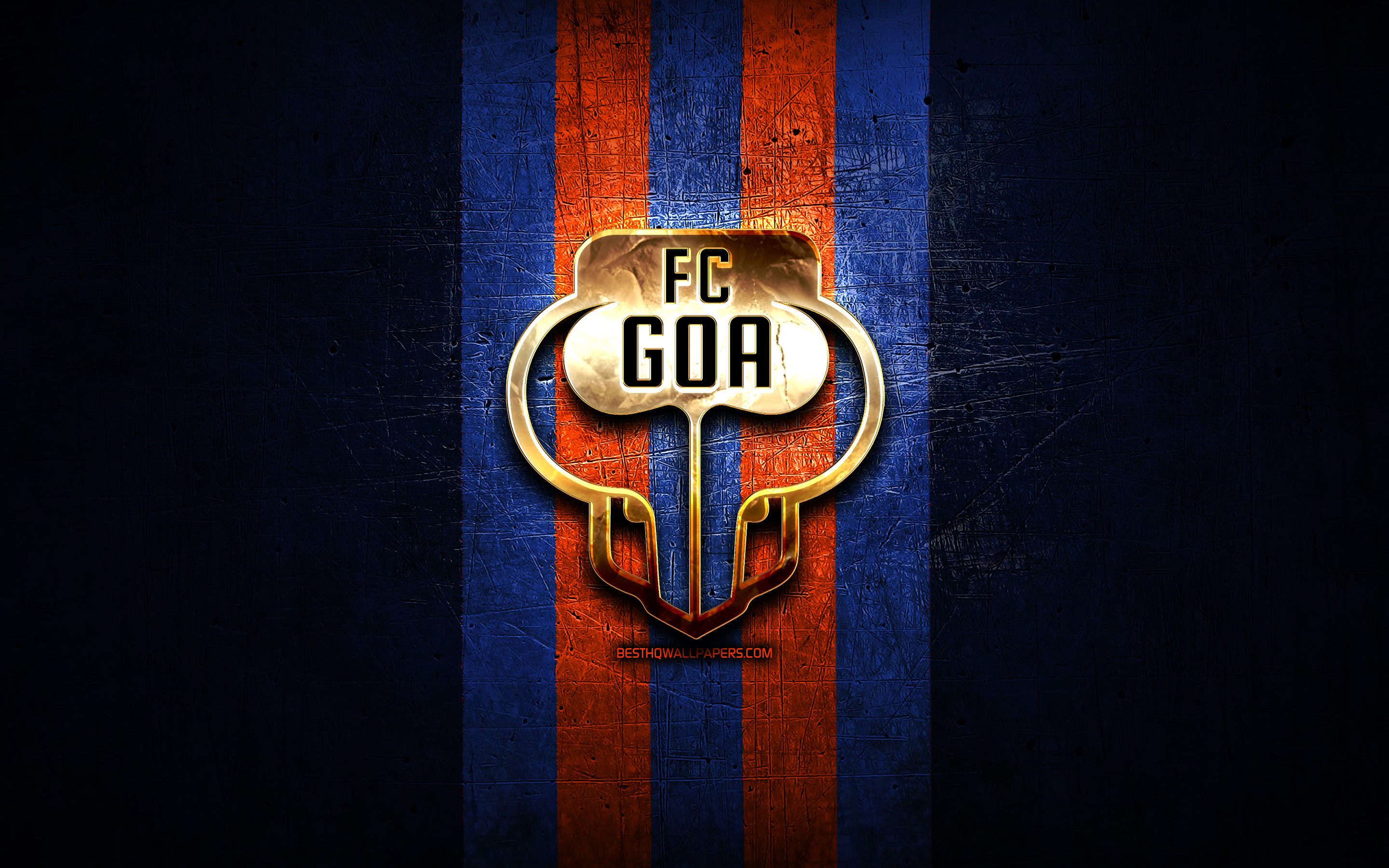 2880x1800 Download wallpaper Goa FC, golden logo, ISL, blue metal background, football, indian football club, Goa FC logo, soccer, India, FC Goa for desktop with resolution. High Quality HD picture wallpaper, Desktop